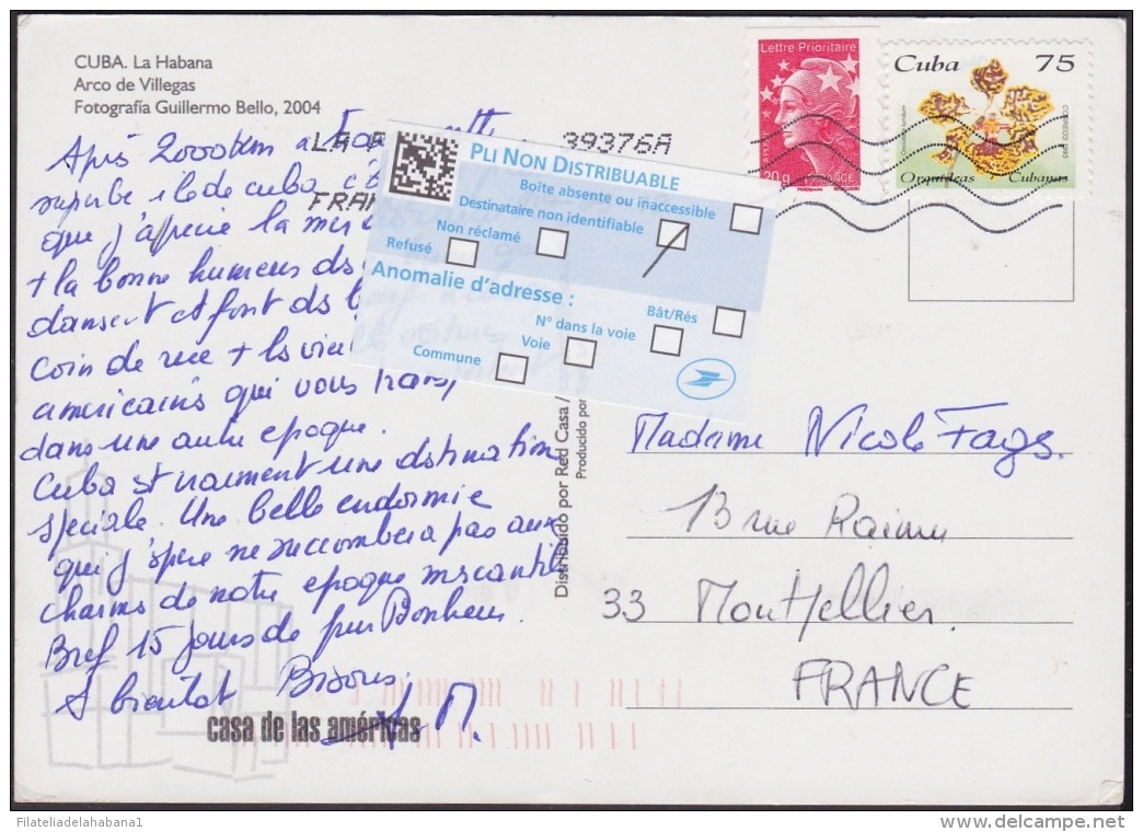 2004-H-7 CUBA 2004 TARJETA A FRANCIA CON MARCA TASA POR COBRAR. POSTAGE DUE MARK FRANCE. - Briefe U. Dokumente