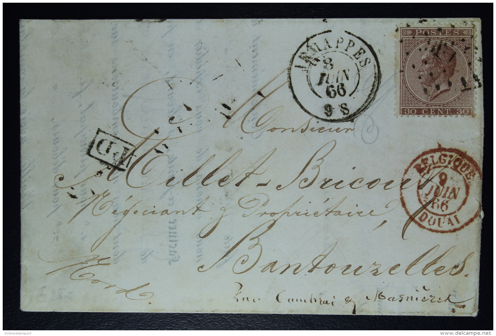 Belgium Letter OPB Nr 19,  Mi Nr 16, Cancel Nr 196 Jemappes  To Bantouzelle F  Boxed PD In Black Belg. Red - Oblitérations à Points