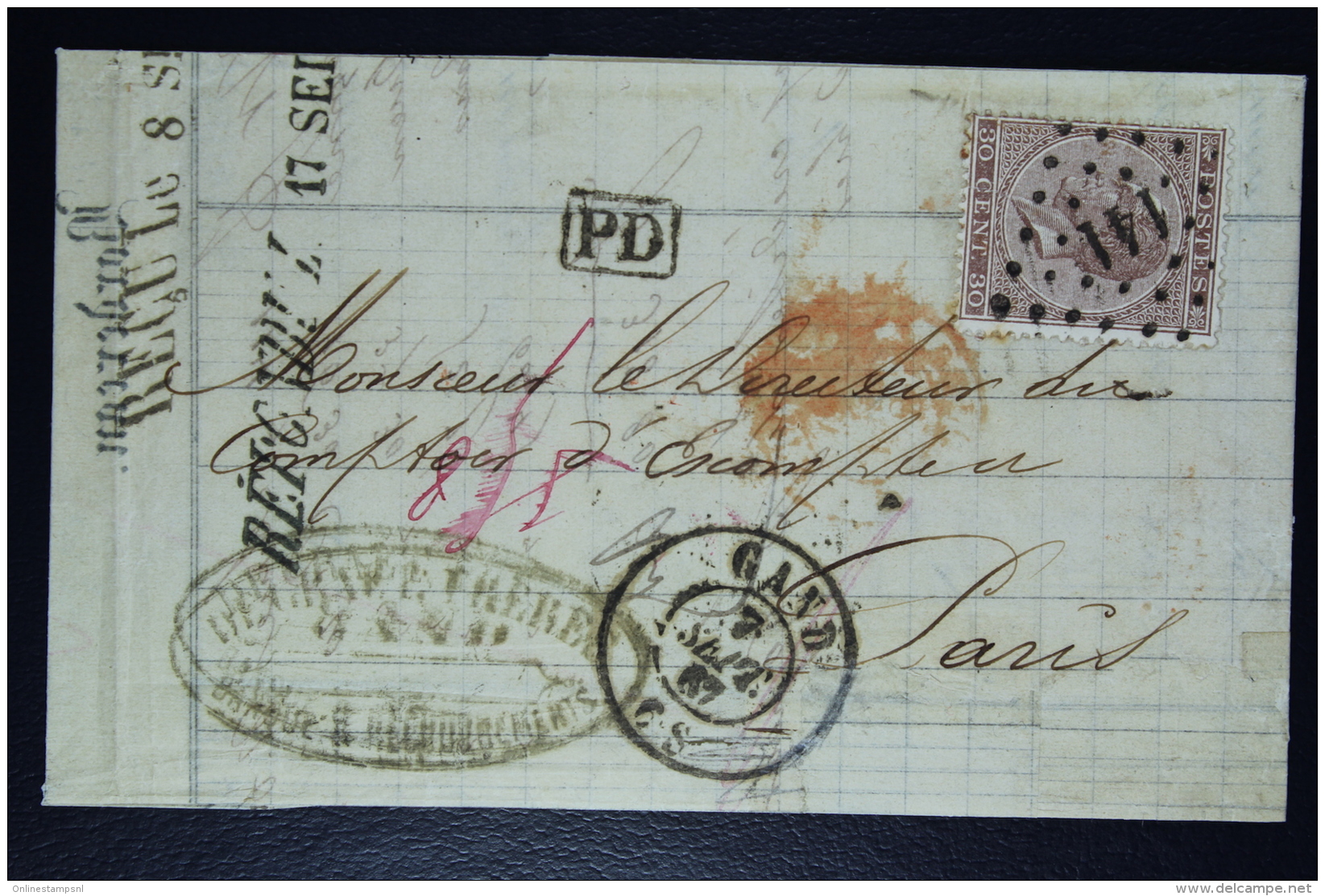 Belgium Letter OPB Nr 19a,  Mi Nr 16, Cancel Nr 141 Gent  To Paris 1867  PD In Black - Puntstempels