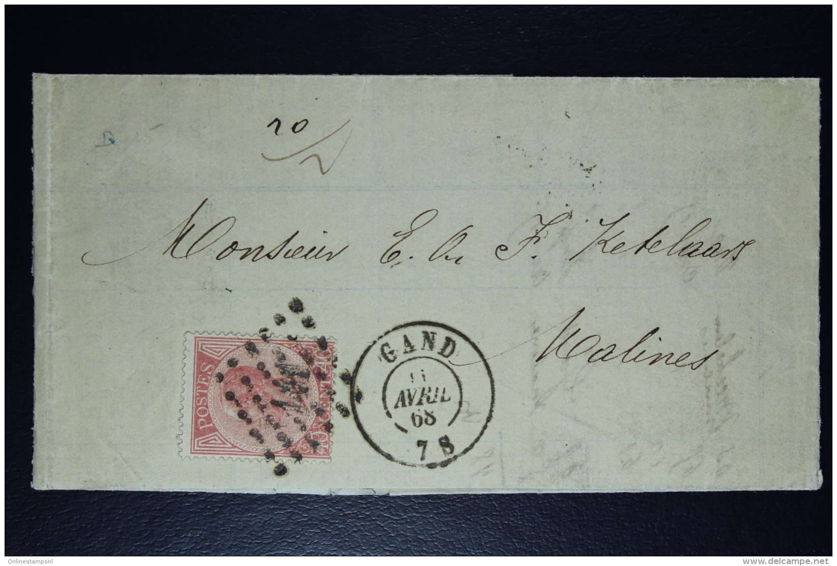 Belgium Letter OPB Nr 20,  Mi Nr 17, Cancel Nr 141 Gent  To Malines  1868 City Cancel On Back - Annulli A Punti