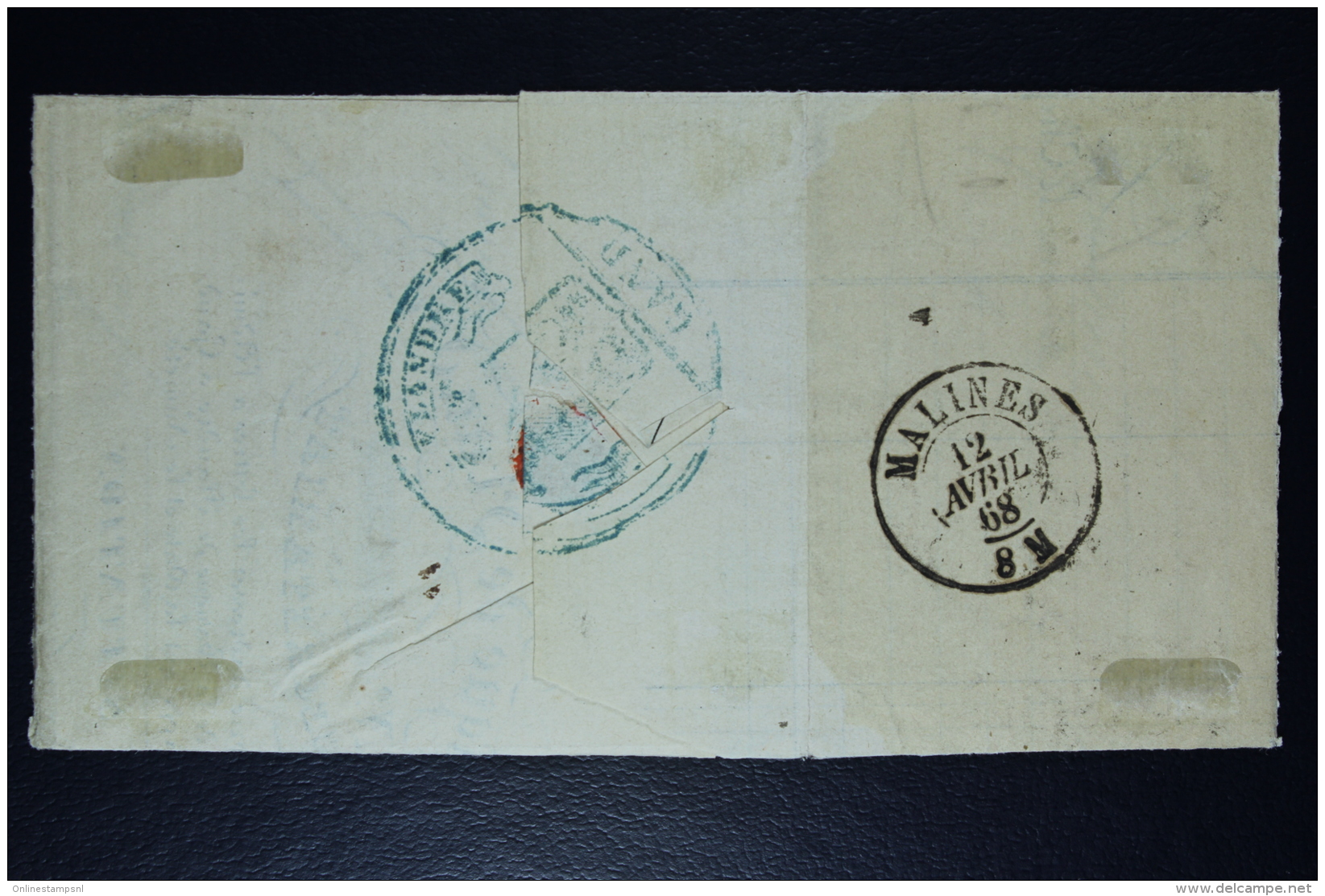 Belgium Letter OPB Nr 20,  Mi Nr 17, Cancel Nr 141 Gent  To Malines  1868 City Cancel On Back - Matasellado Con Puntos