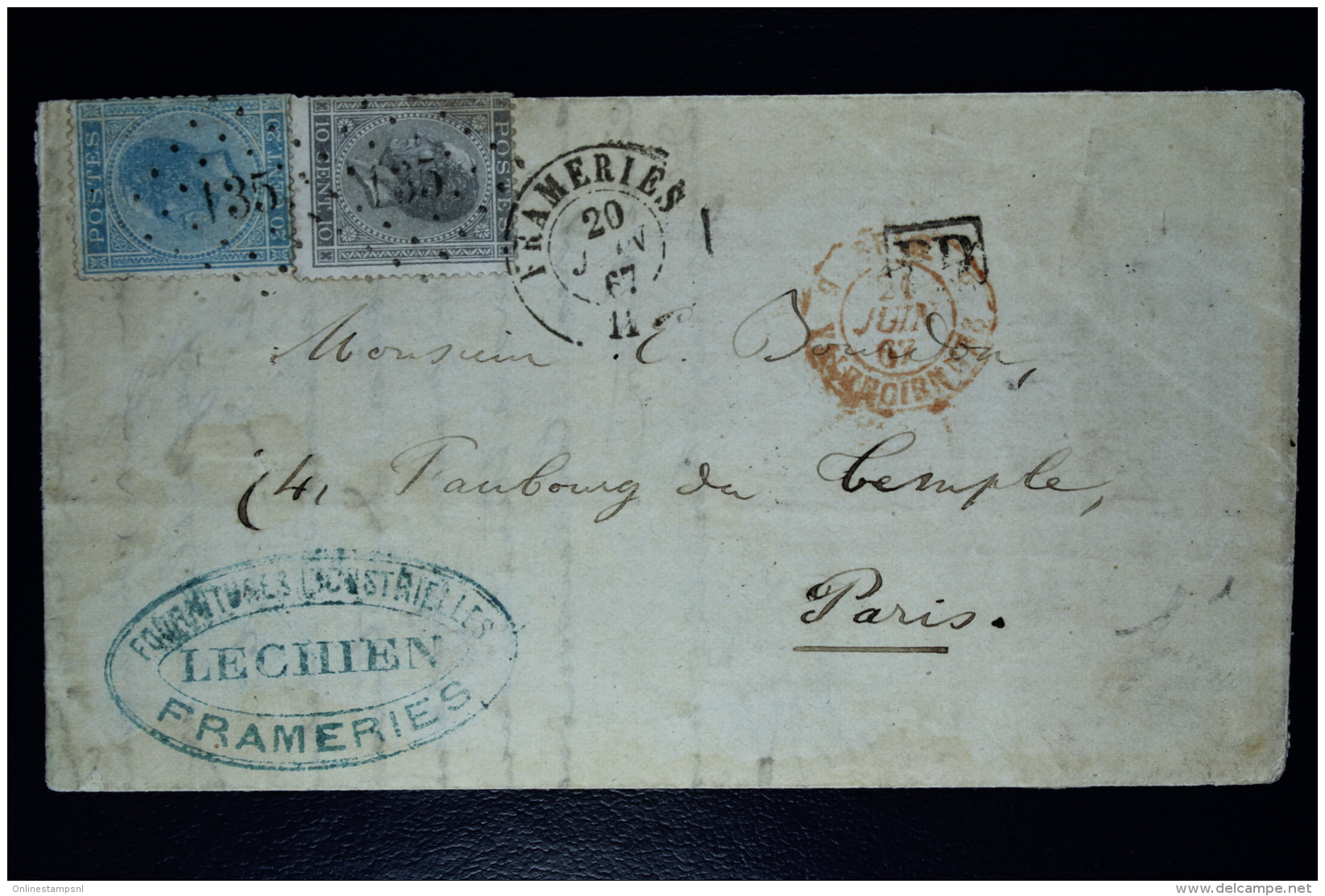 Belgium Letter OPB Nr 17+18,  Mi Nr 14+15, Cancel Nr 135  FRAMERIE  RR To Paris 1867  City Cancel On Back - Annulli A Punti