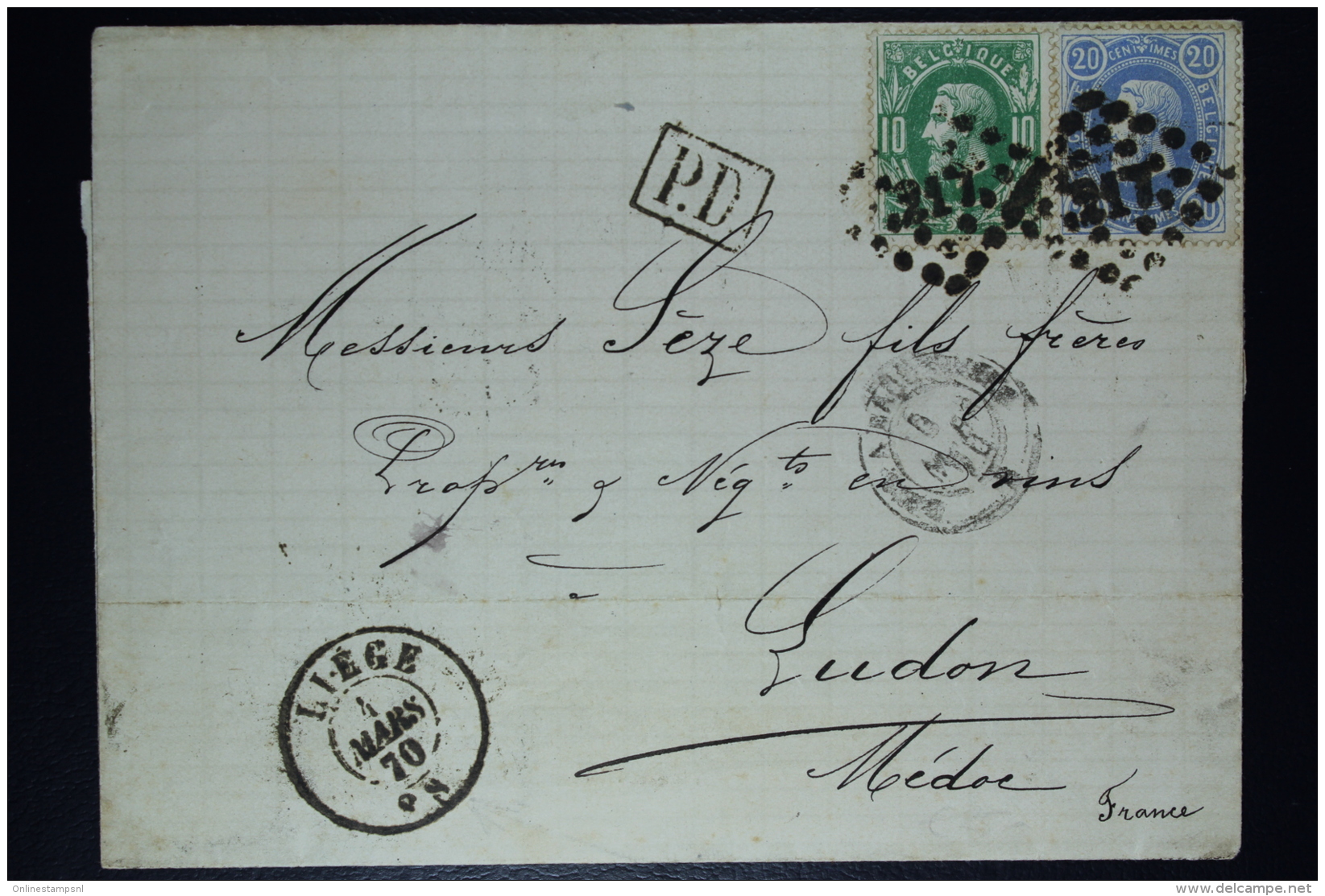 Belgium Letter OPB Nr 30 + 31 Mix Franking Luik/Liege To France, Backside Cancel MACAU Wrongly Send? - Matasellado Con Puntos