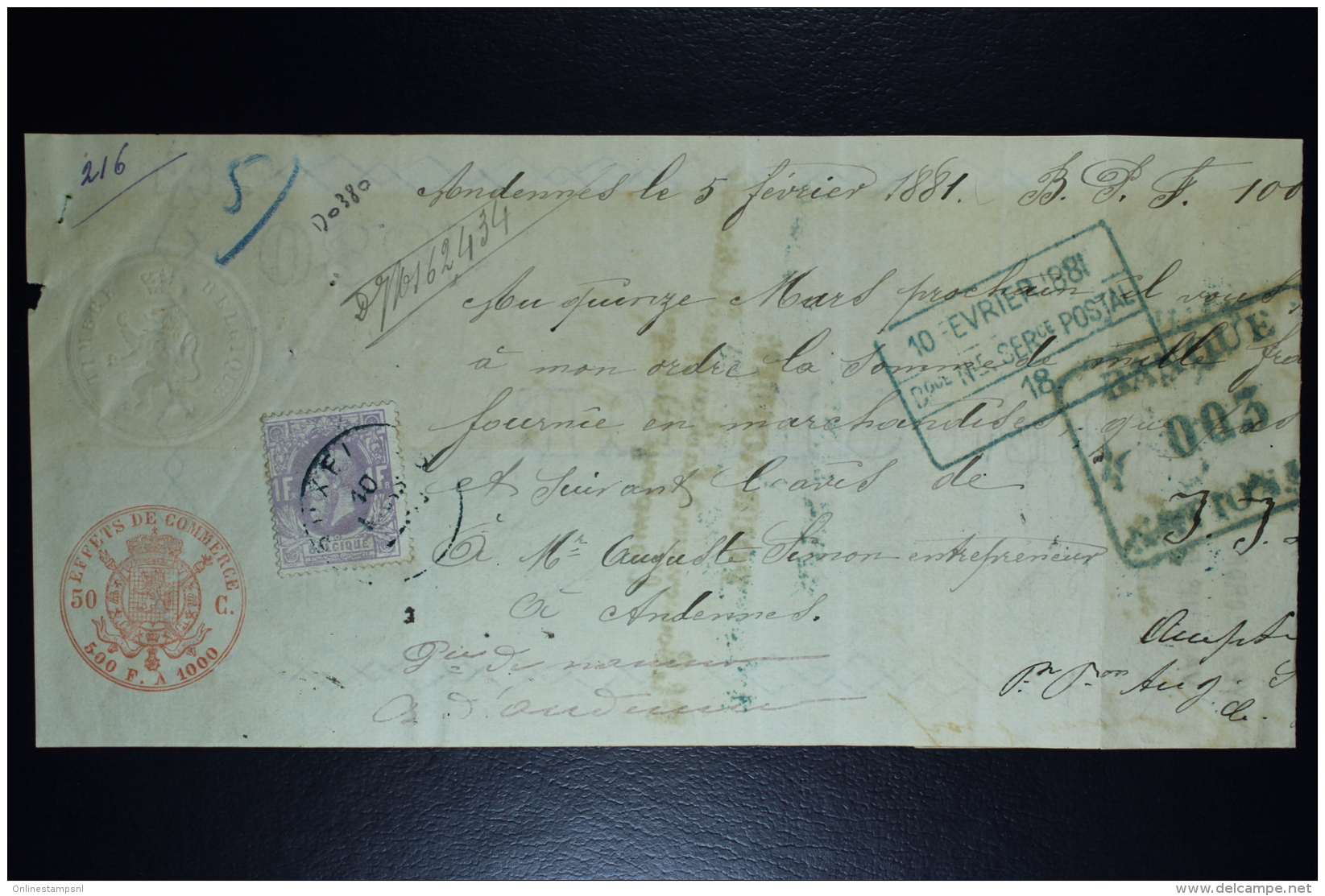 Belgium Effetts De Commerce Receipt OPB Nr 36  1881 (cat Value On Letter 800 Euro) - 1883 Leopoldo II