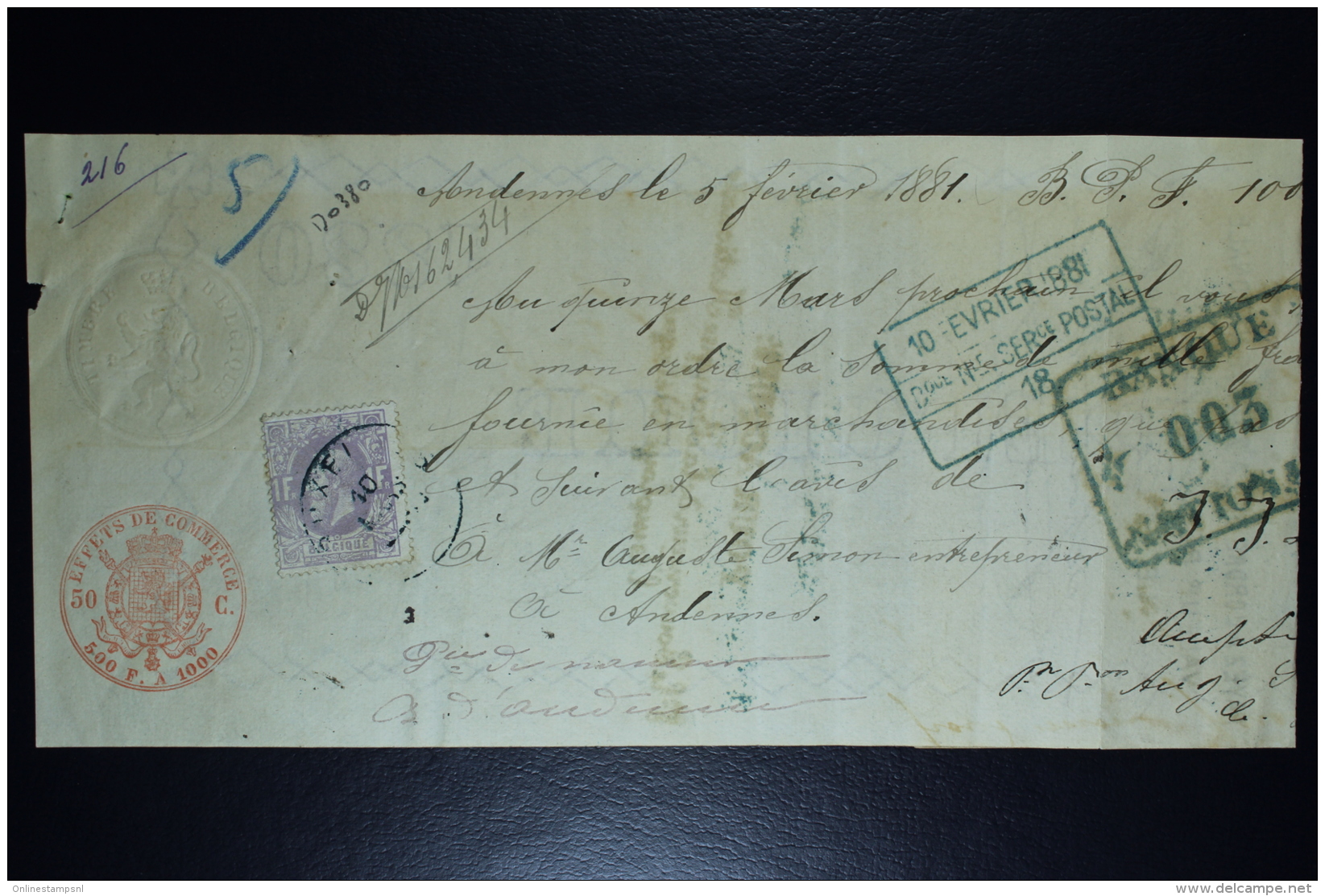 Belgium Effetts De Commerce Receipt OPB Nr 36  1881 (cat Value On Letter 800 Euro) - 1883 Leopold II