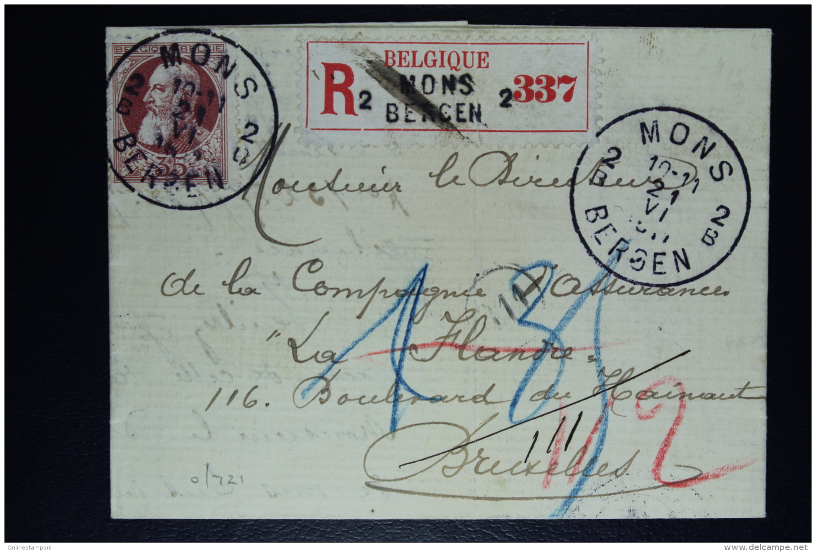 Belgium Registered Letter  OPB Nr 77 Mons Bergen To Bruxelles 1911 - 1905 Grosse Barbe