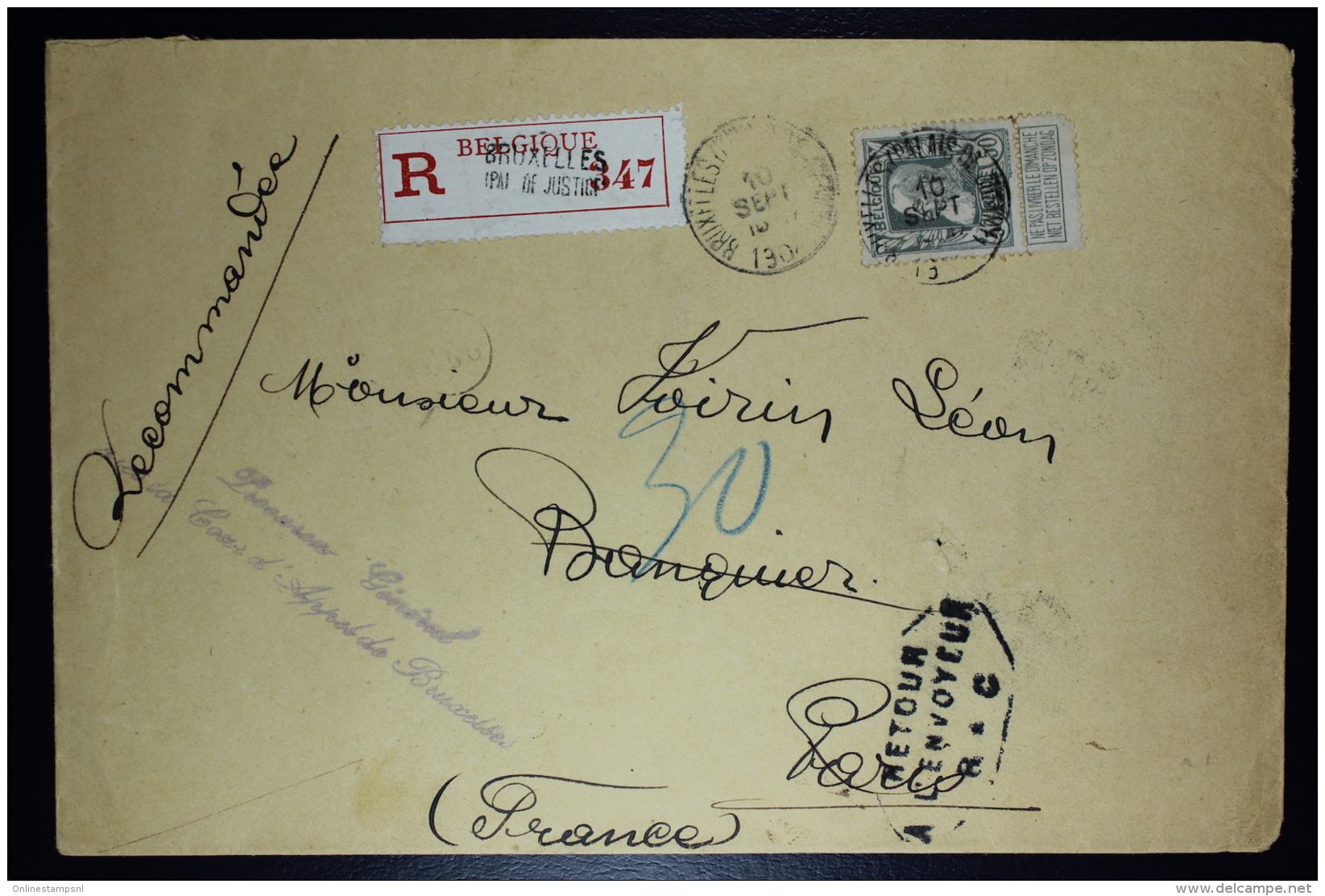 Belgium Registered Letter  OPB Nr 78a Dark Grey  Pal. De Justice Bruxelles To Paris And Returned Incomplet Address 1908 - 1905 Breiter Bart