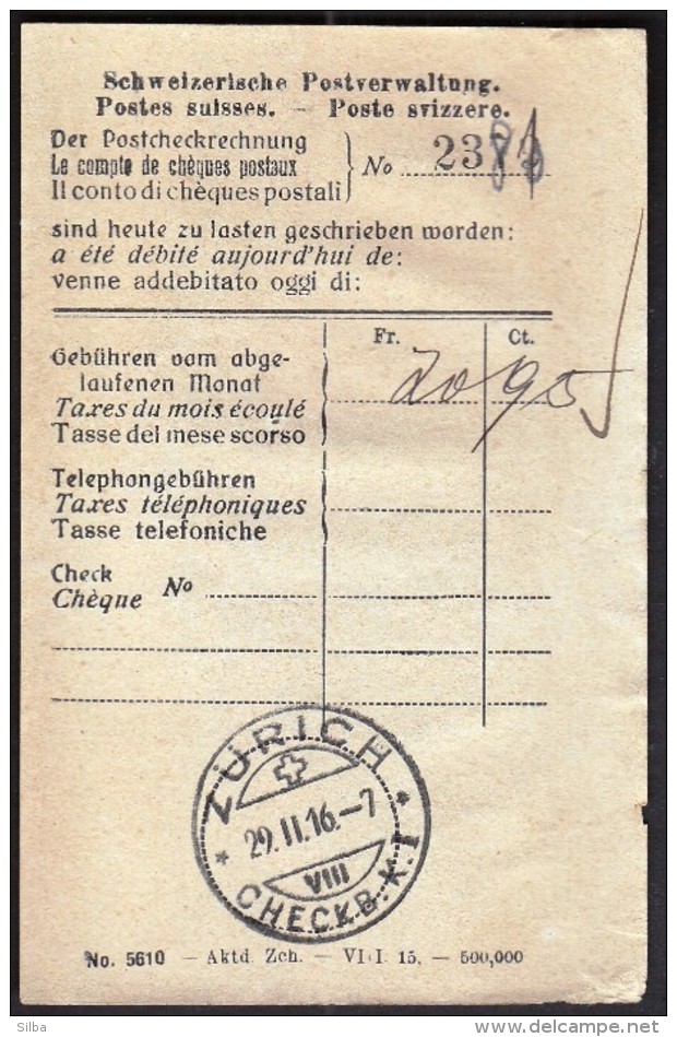 Switzerland Zurich CHECKB. K I  29. 2. 1916 -7 / Postal Checks Invoice - Briefe U. Dokumente