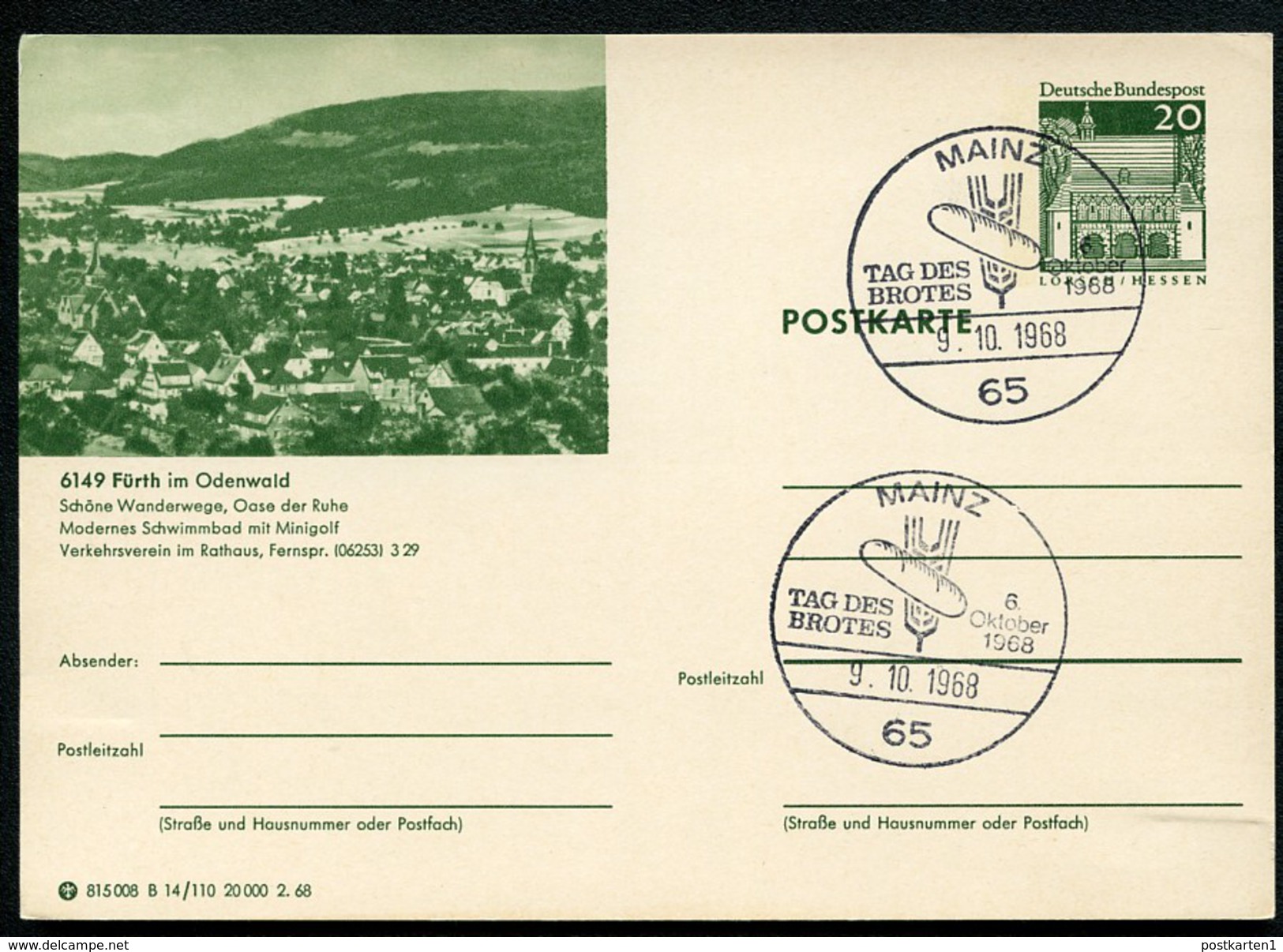 TAG DES BROTES MAINZ 1968 Auf Bild-Postkarte Bund P96 B14/110 Fürth Odenwald - Ernährung