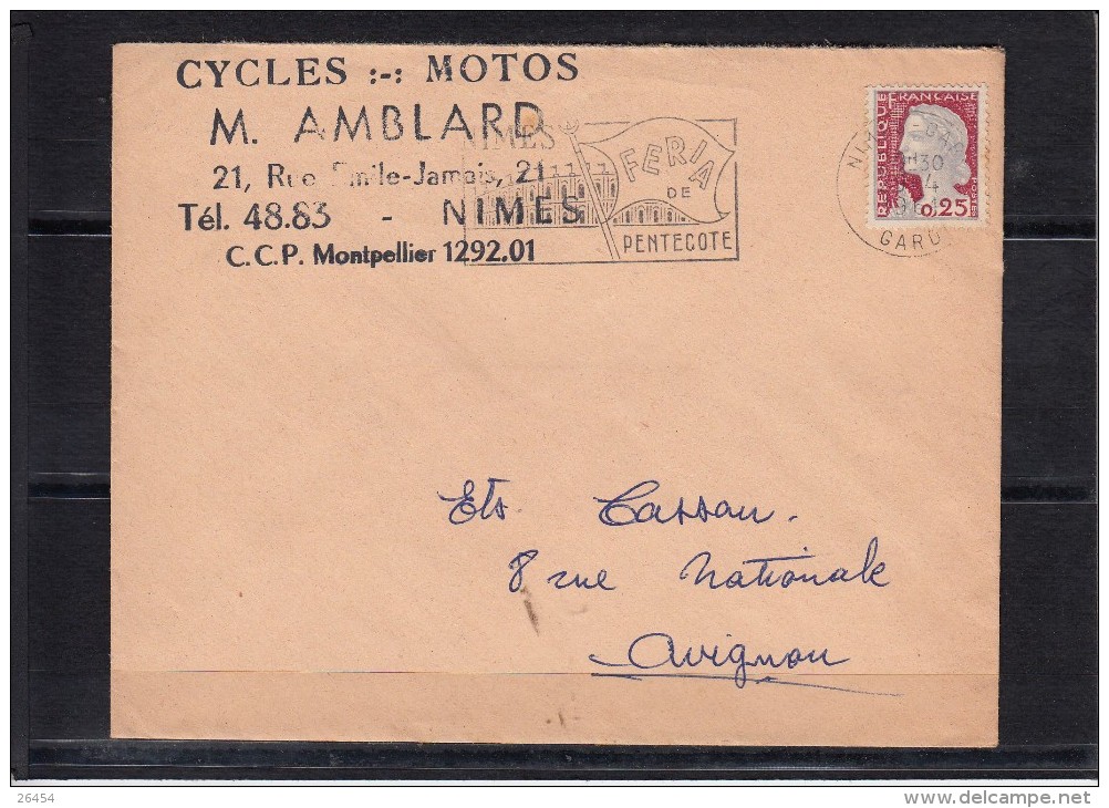 Lettre Entete PUB De NIMES GARE  Gard     Le 29 4 1961  "  CYCLES-MOTOS  "  Omec Secap FERIA.. Mne De DECARIS - 1960 Marianne De Decaris