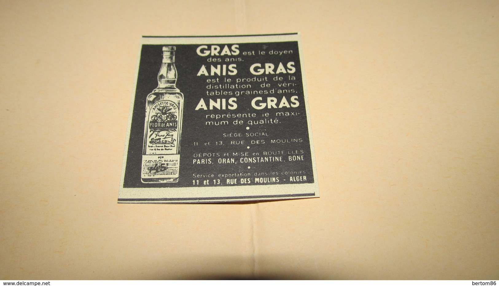 ANIS GRAS / ANISETTE GRAS - PARIS , ORAN , CONSTANTINE , ALGER - PUBLICITE DE 1939. - Advertising