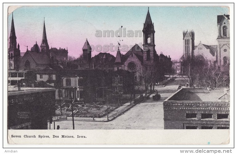 USA - DES MOINES Iowa IA - SEVEN CHURCH SPIRES - EARLY STREET VIEW - Antique C1911 Vintage Postcard [6136] - Des Moines