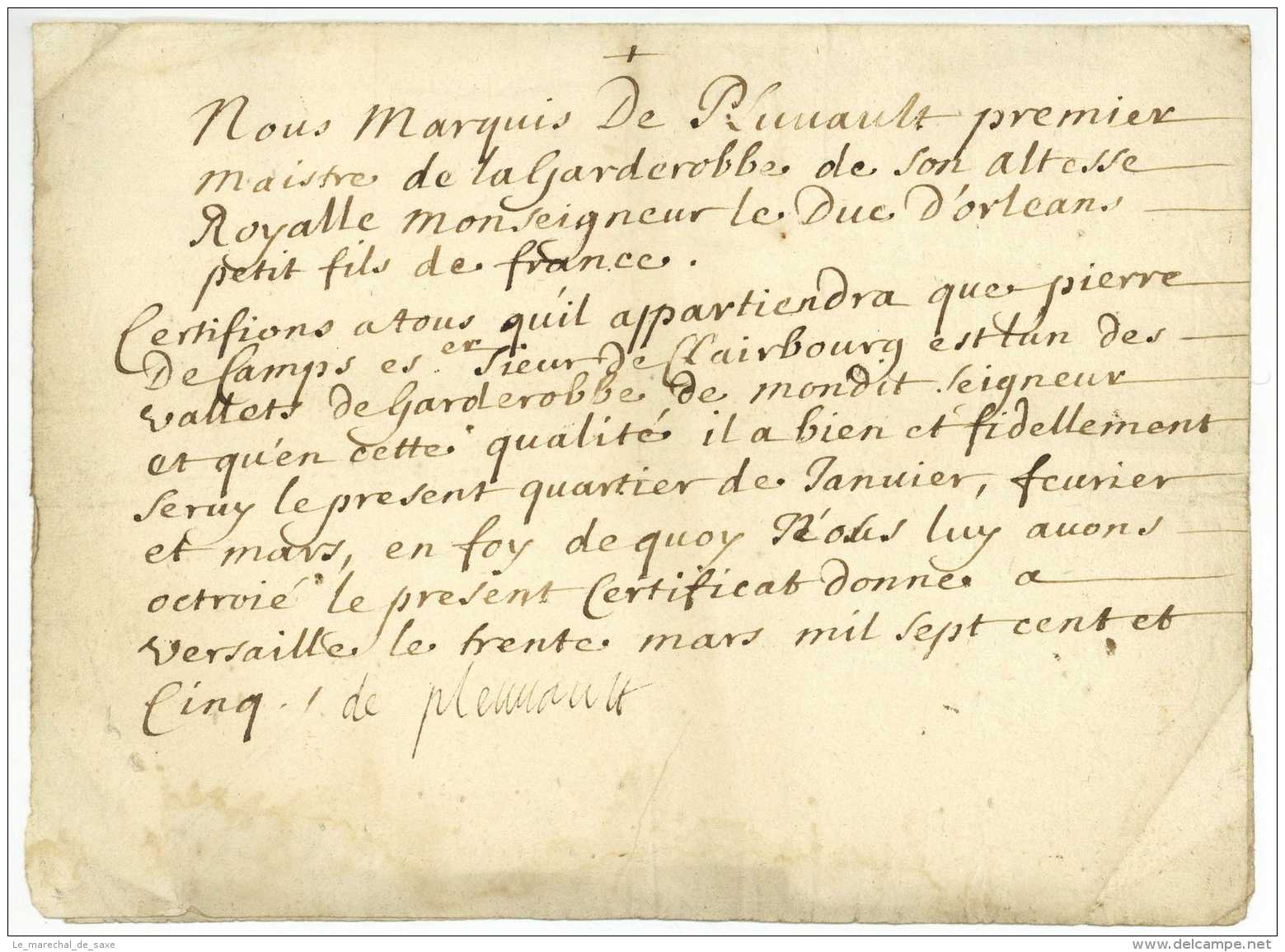 MAISON DU DUC D&rsquo;ORLEANS &ndash; Marquis De PLUVAULT Pluvaut - 1er Gentilhomme De La Chambre - Versailles 1705 - Ch - Historical Documents