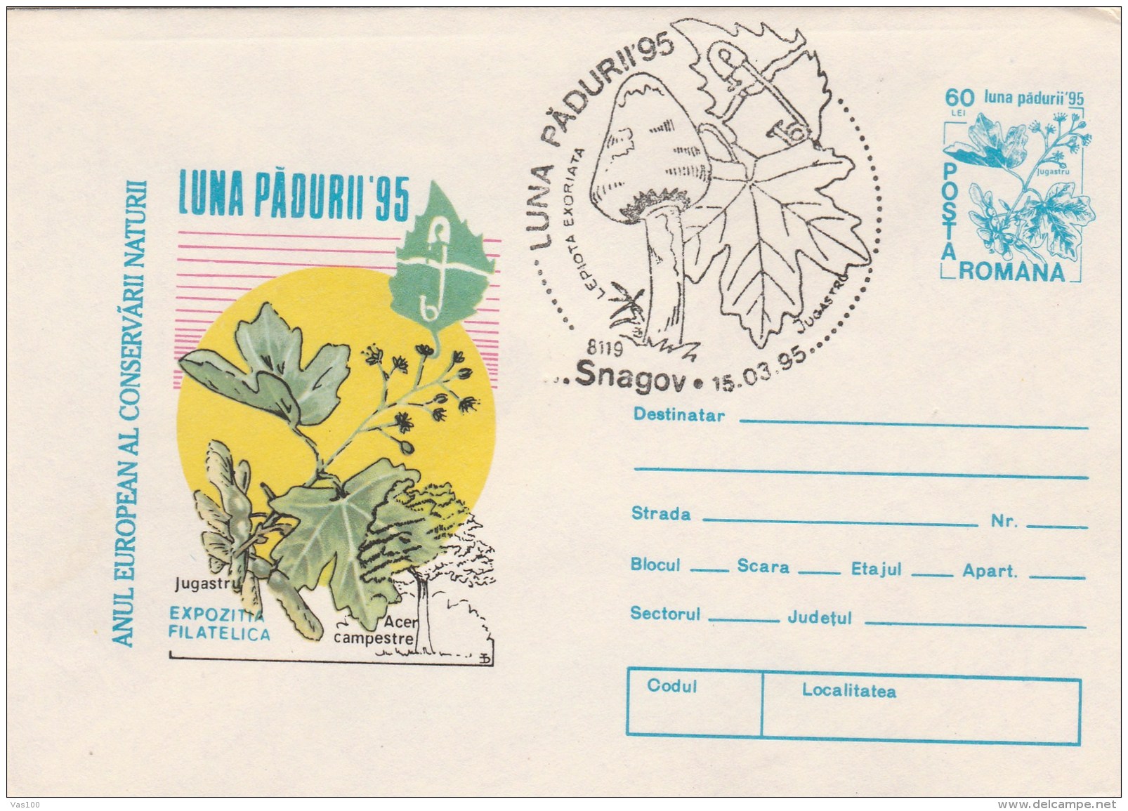 #BV4308  MUSHROOMS, PLANT, NATURE, TREE, FOREST, COVER STATIONERY, SPECIAL CANCELLATION, 1995, ROMANIA. - Bomen