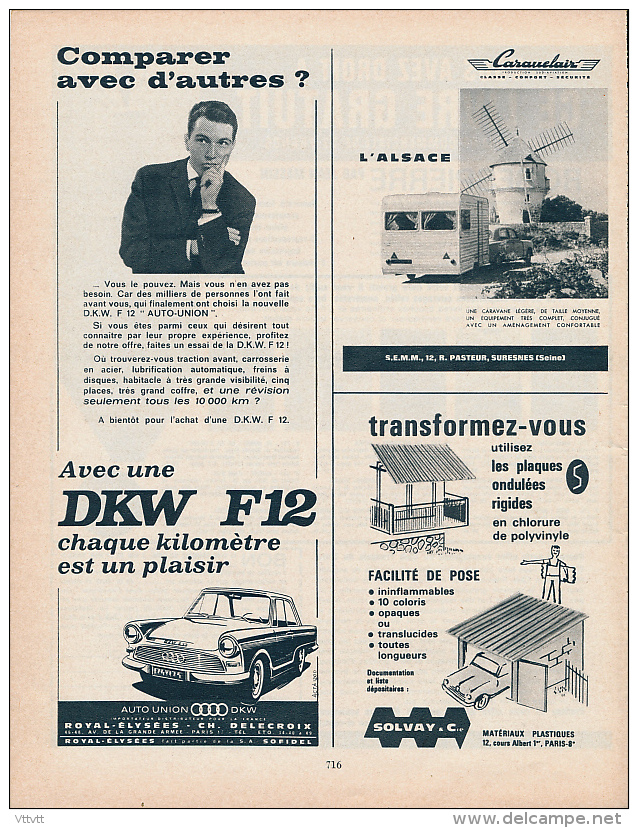 Ancienne Publicite (1963) : Voiture DKW F12, Auto-Union; Caravane L'Alsace De CARAVELAIR, Suresnes - Publicités