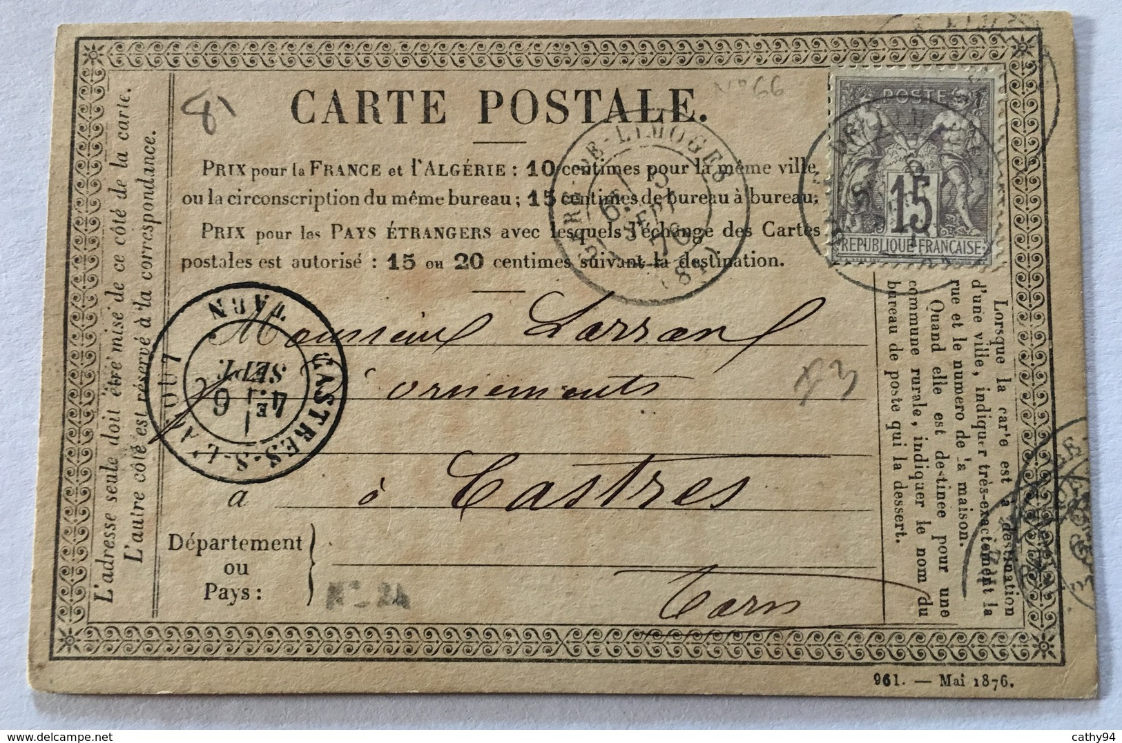 CARTE PRÉCURSEUR De GARE DE LIMOGES Pour CASTRES Affranchissement Type Sage 1876 - Vorläufer