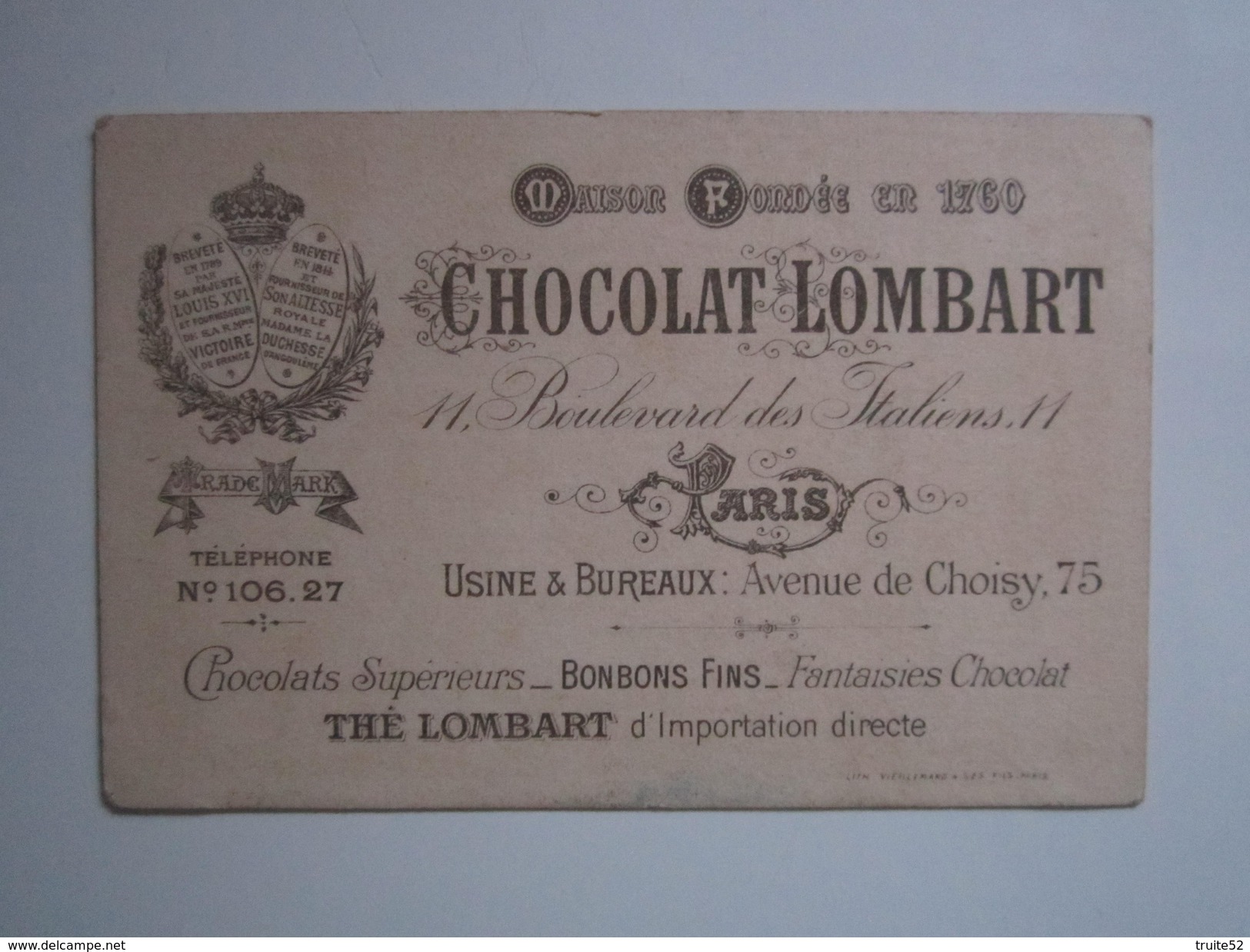 Chocolat LOMBART (Salamandre) Chocolats Supérieurs Bonbons Fins Fantaisies Chocolat Thé LOMBART - Lombart