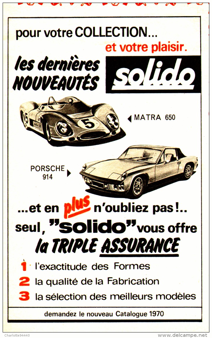 PUB PORSCHE 914 / MATRA 650   " SOLIDO "   1960'S - Publicitaires - Toutes Marques