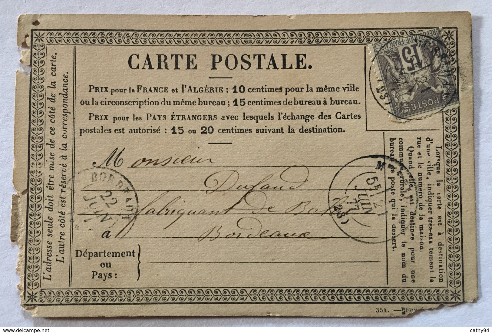 CARTE PRÉCURSEUR Pour FABRICANT DE BALAIS A BORDEAUX Affranchissement Type Sage Juin 1877 - Precursor Cards