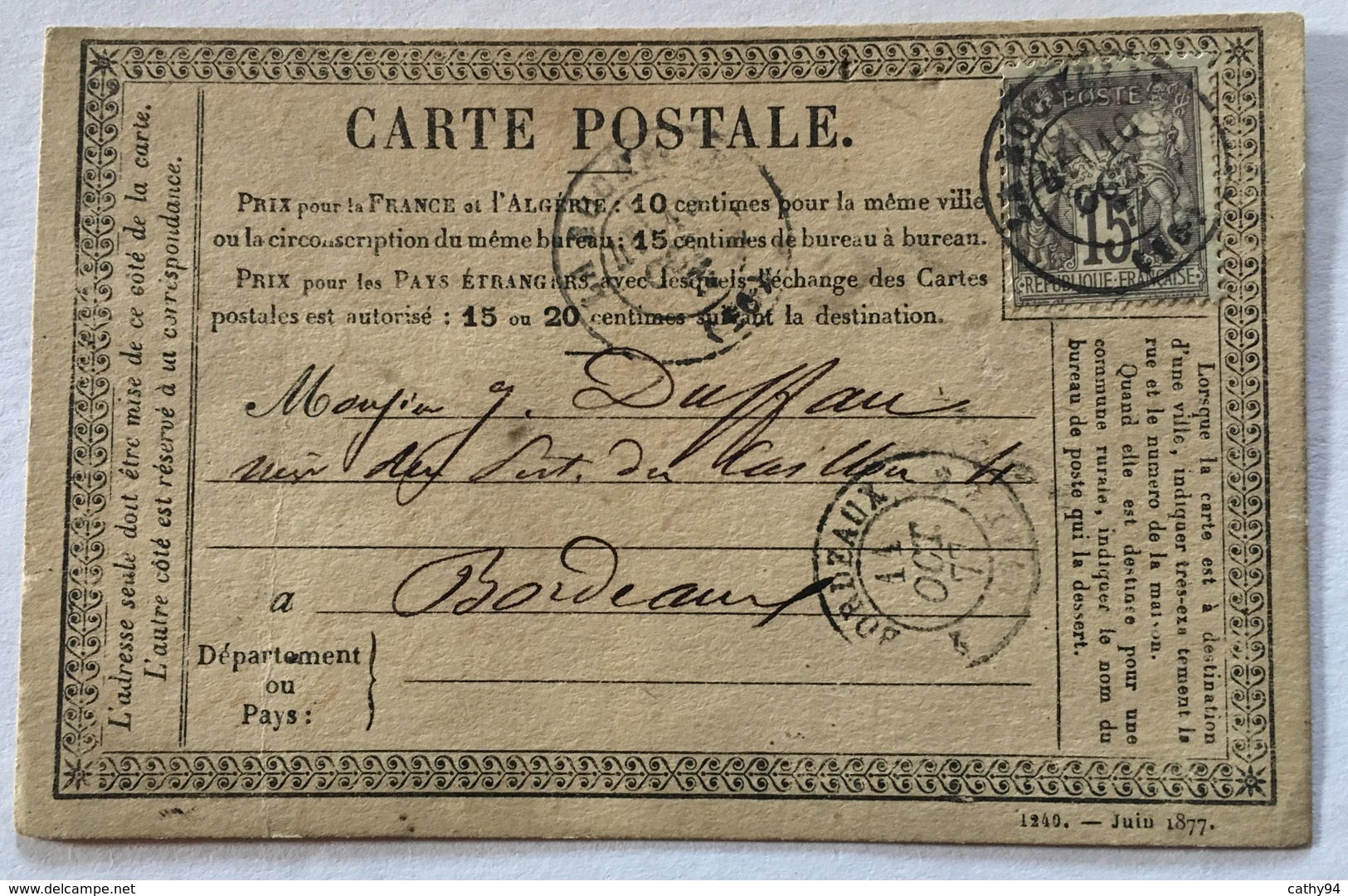 CARTE PRÉCURSEUR De LA ROCHELLE Pour BORDEAUX Affranchissement Type Sage Octobre 1877 - Vorläufer