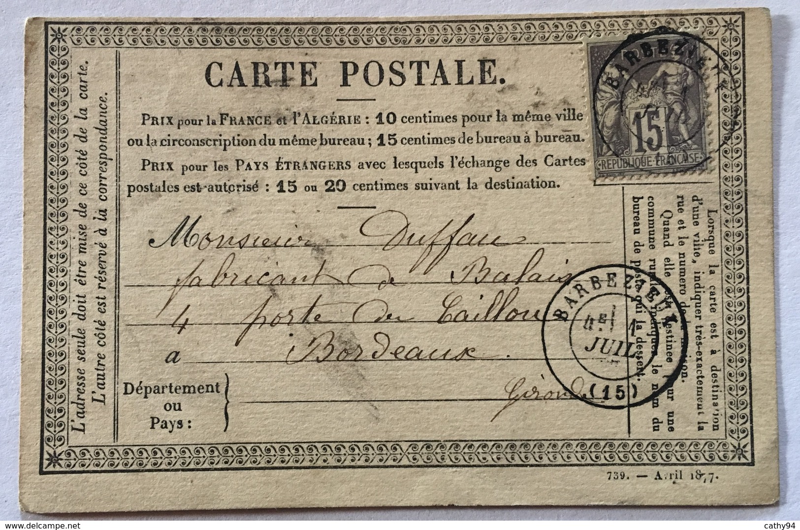 CARTE PRÉCURSEUR De BARBEZIEUX Pour FABRICANT DE BALAIS A BORDEAUX Affranchissement Type Sage Juillet 1877 - Vorläufer