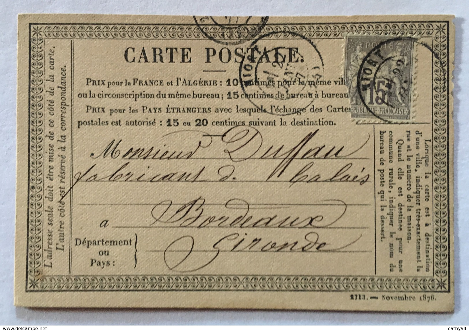 CARTE PRÉCURSEUR De NIORT Pour FABRICANT DE BALAIS A BORDEAUX Affranchissement Type Sage Janvier 1877 - Precursor Cards