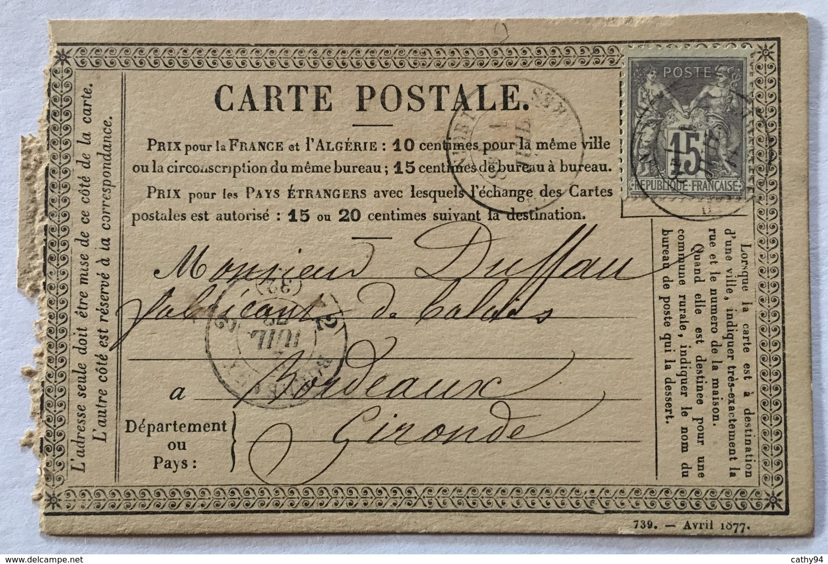 CARTE PRÉCURSEUR De NIORT Pour FABRICANT DE BALAIS A BORDEAUX Affranchissement Type Sage Juillet 1877 - Vorläufer