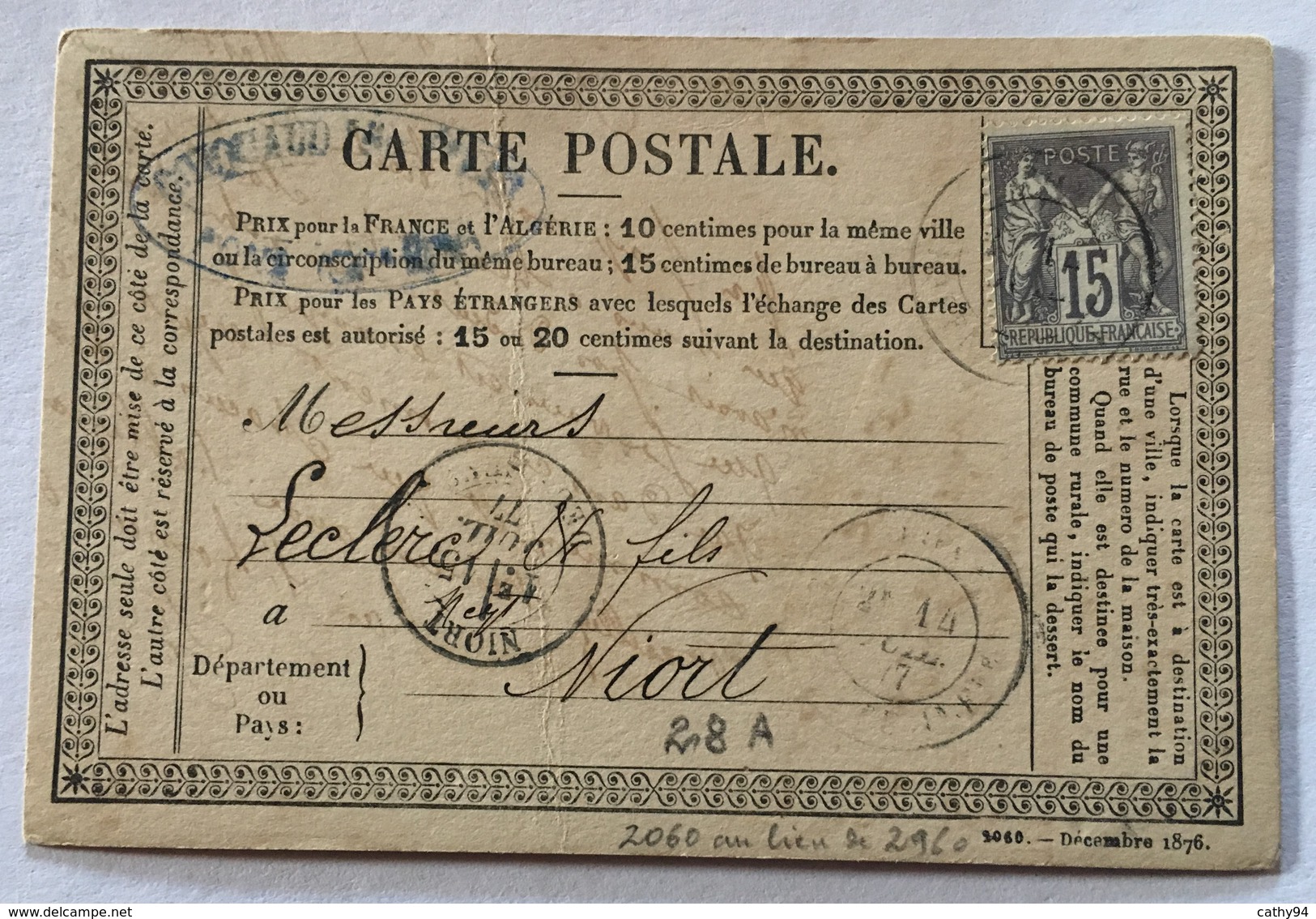 CARTE PRÉCURSEUR De PONS Pour NIORT Affranchissement Type Sage Juillet 1877 - Precursor Cards