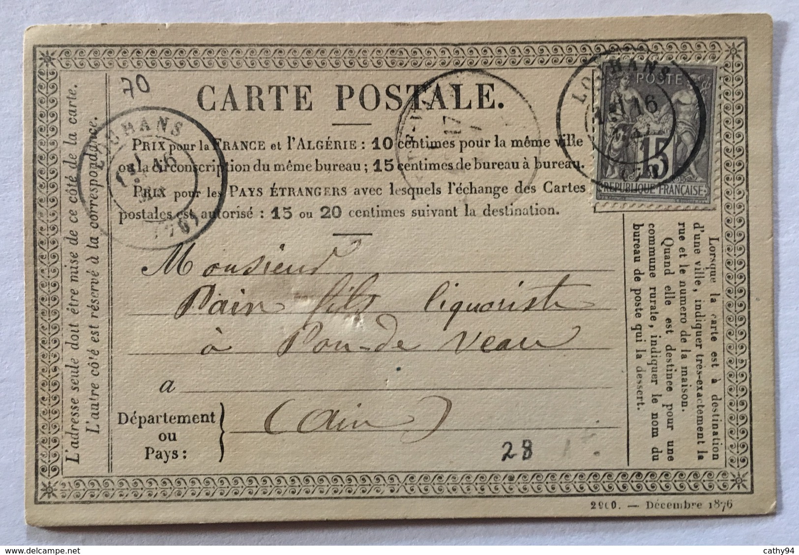 CARTE PRÉCURSEUR De LOUHANS Pour LIQUORISTE A PONT DE VAUX Affranchissement Type Sage Mai 1877 - Vorläufer