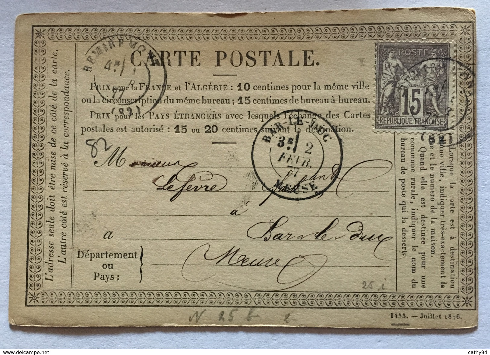 CARTE PRÉCURSEUR Pour BAR LE DUC Affranchissement Type Sage Février 1876 - Vorläufer