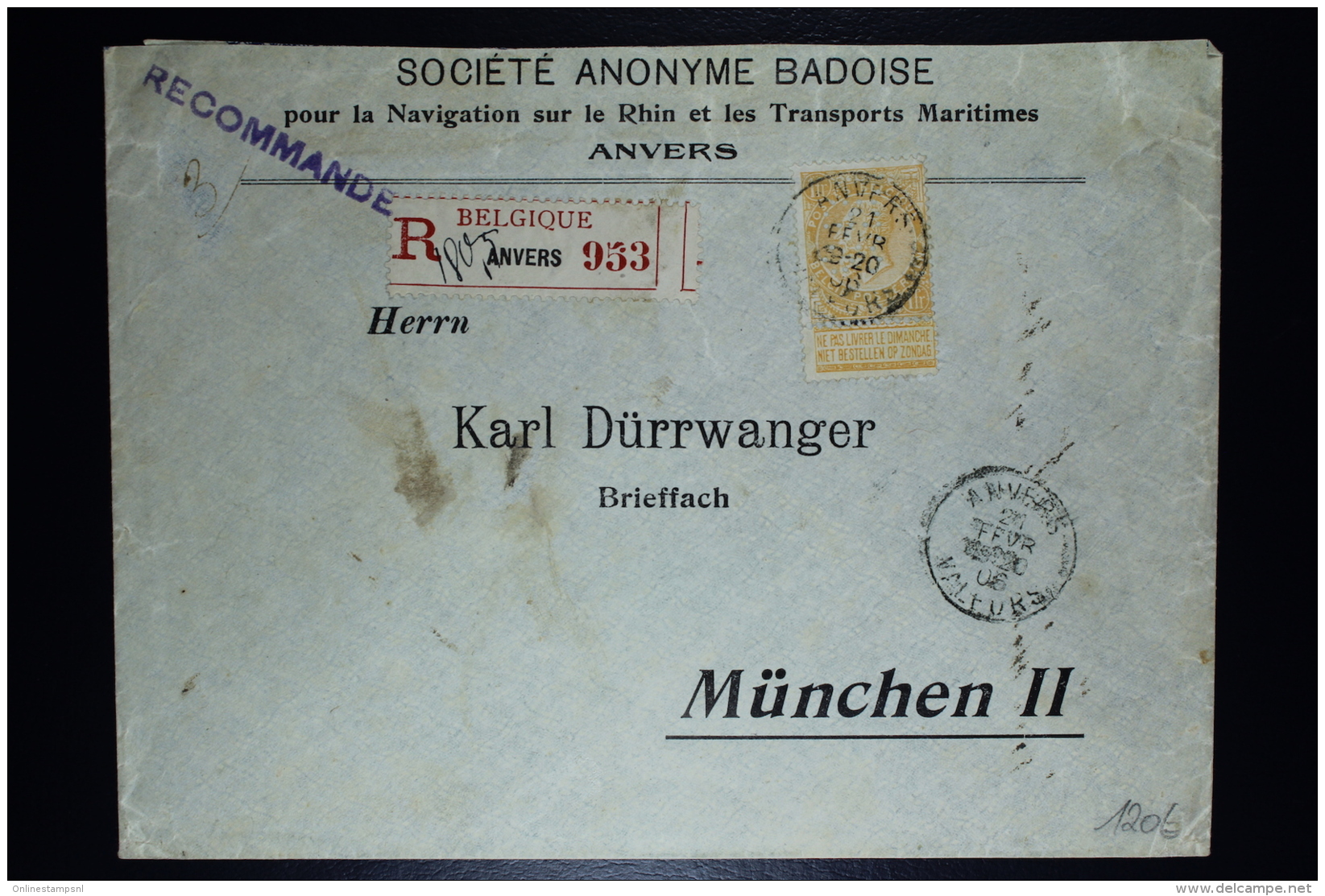 Belgium: Registered Company Cover Antwerp To München, OPB Nr 65 With Perfin 1906 - 1893-1900 Barba Corta