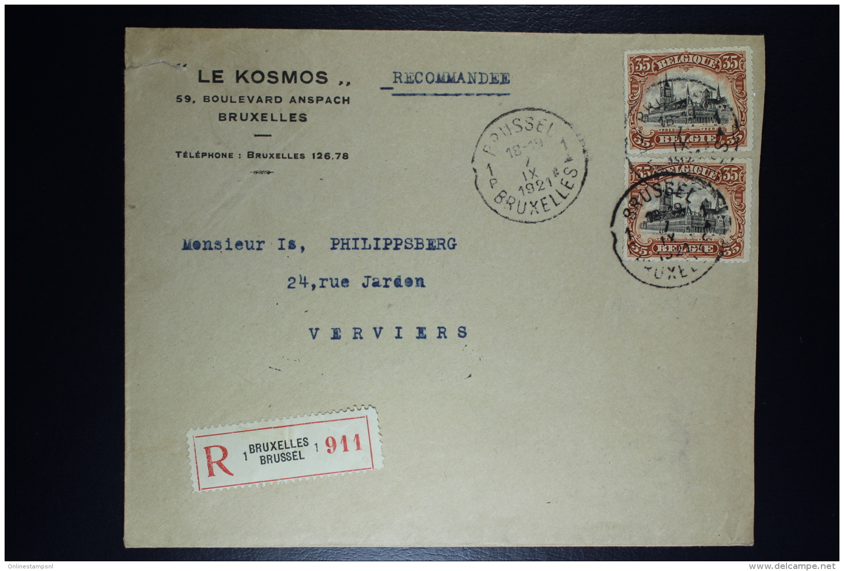 Belgium: Registered Cover  OPB Nr 2* 142 Brussels To Verviers 1921 - 1915-1920 Alberto I