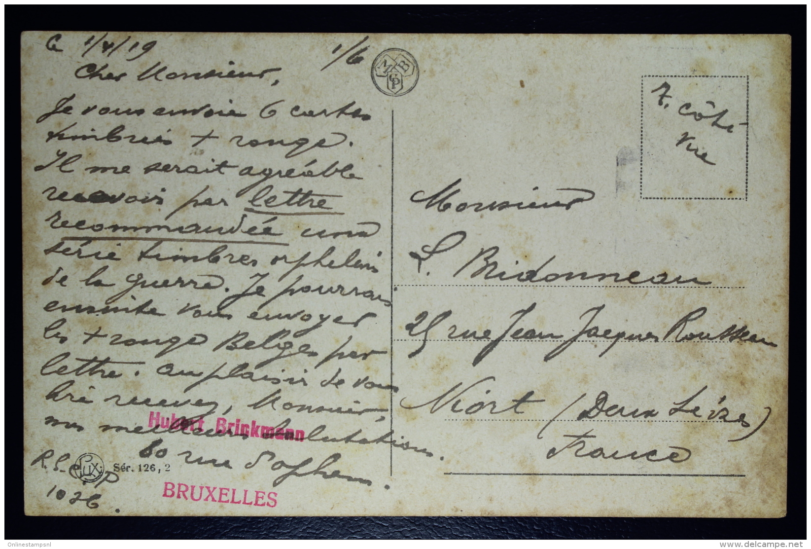 Belgium: Picture Postcard OBP 151  Brussels To France 1919 - 1918 Rotes Kreuz