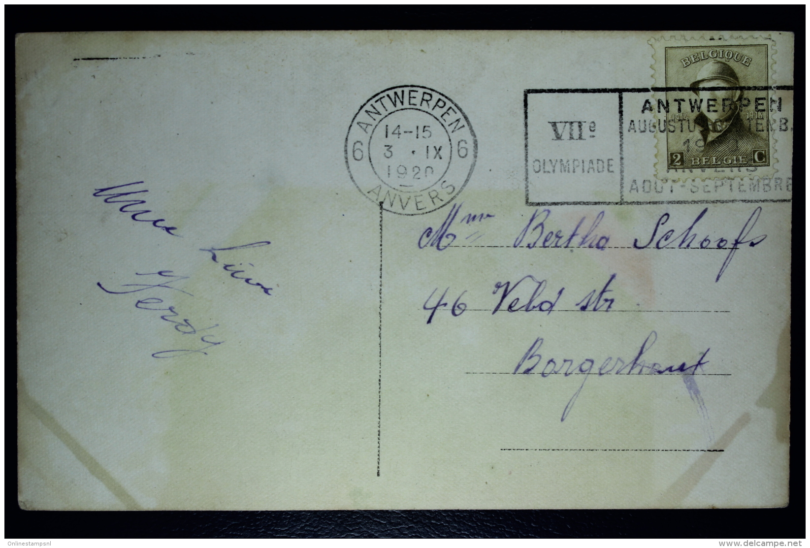 Belgium: Picture Postcard Antwerp To Borghout  OBP 166   1920 Cancel Olympiade - 1919-1920 Roi Casqué