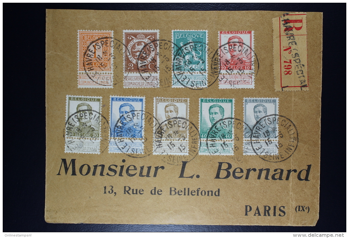 Belgium:  Registered Front Of Cover OBP Between 108 - 121  R Label Le Havre Special To Paris - 1912 Pellens