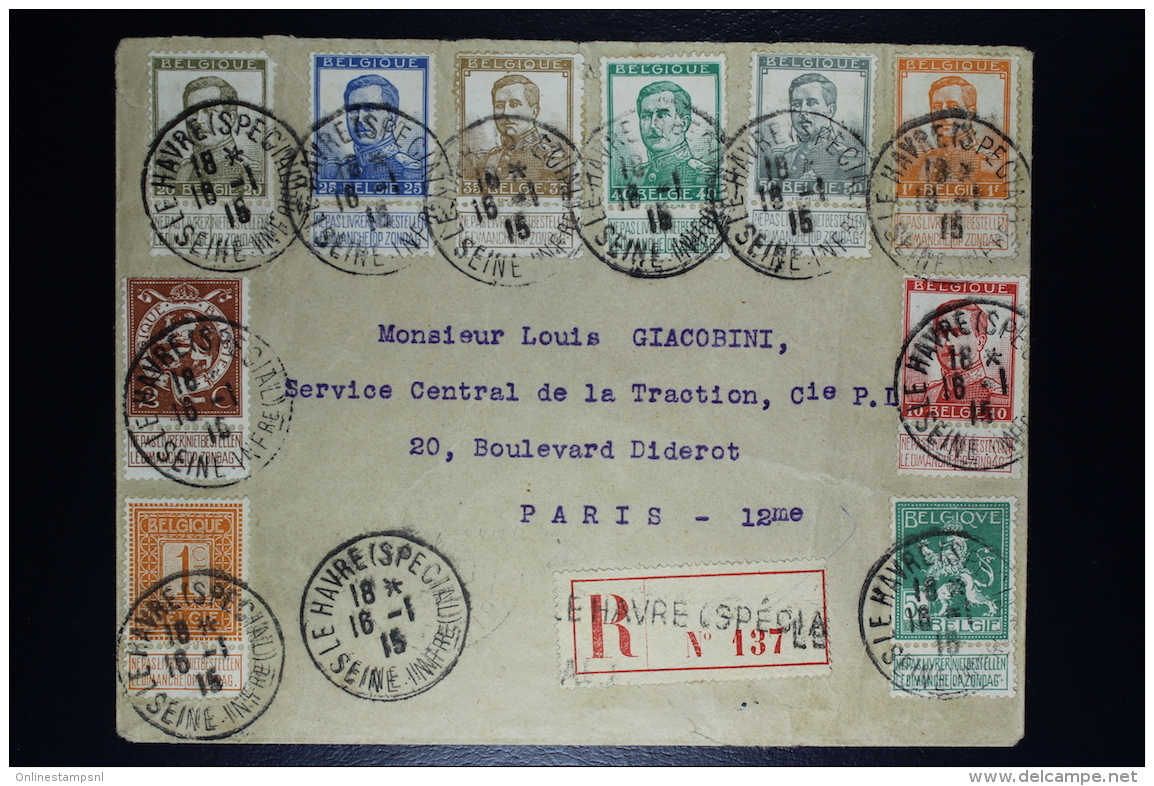 Belgium:  Registered Cover OBP Between 108 - 121  R Label Le Havre Special To Paris 1915 - 1912 Pellens