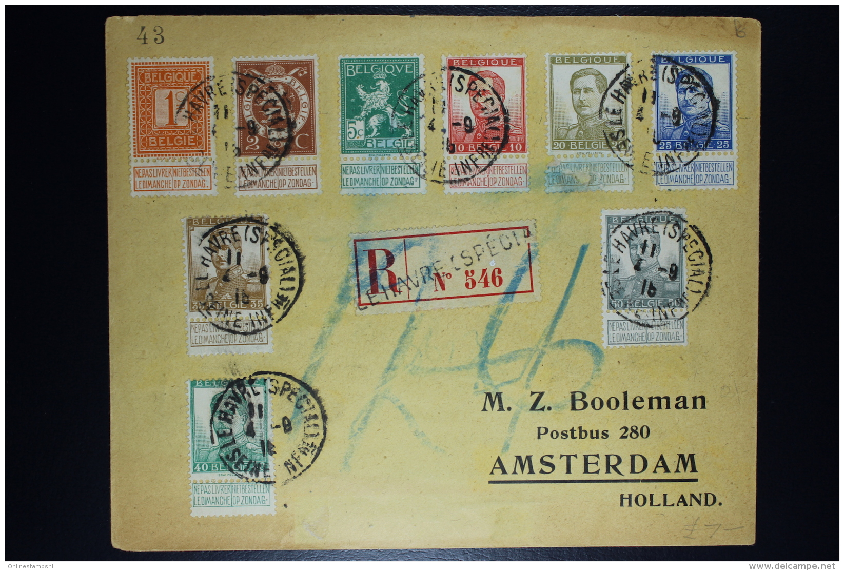 Belgium:  Registered Cover OBP Between 108 - 121  R Label Le Havre Special To Amsterdam 1915 - 1912 Pellens