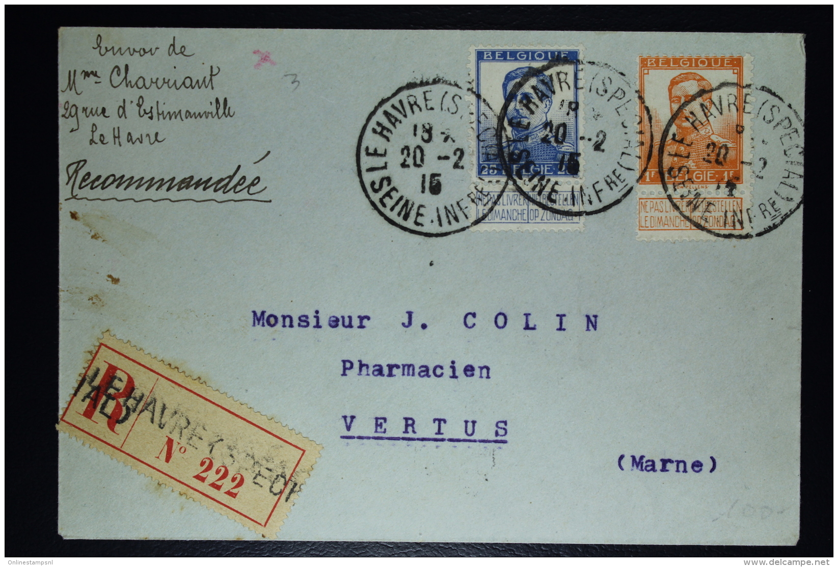 Belgium:  Registered Cover OBP  116 + 125  Le Havre Special To TVertus France  1915 - 1912 Pellens