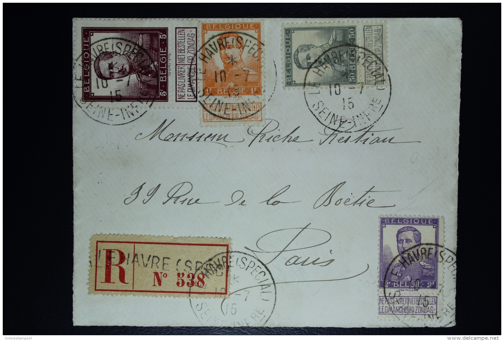 Belgium:  Registered Cover OBP  116 + 115  +117 + 122 Le Havre Special To Paris   1915 - 1912 Pellens