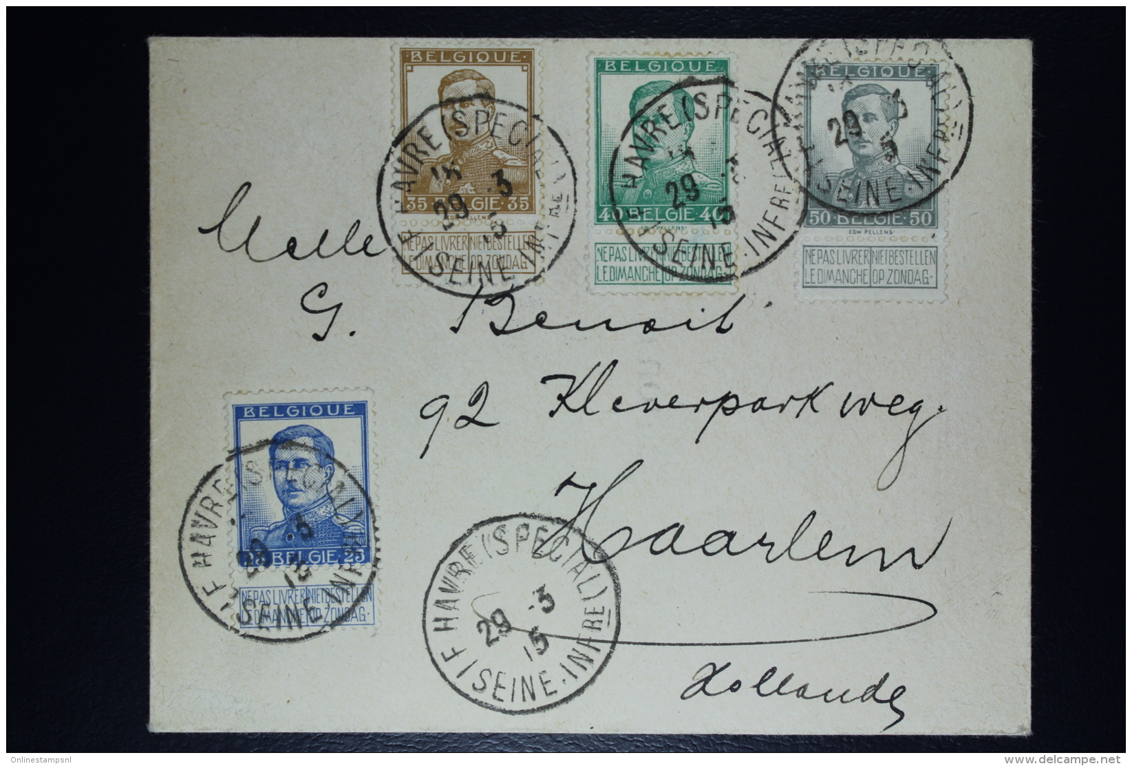 Belgium:  Cover OBP  113 + 115 + 121 + 125 Le Havre Special To Haarlem Holland   1915 - 1912 Pellens