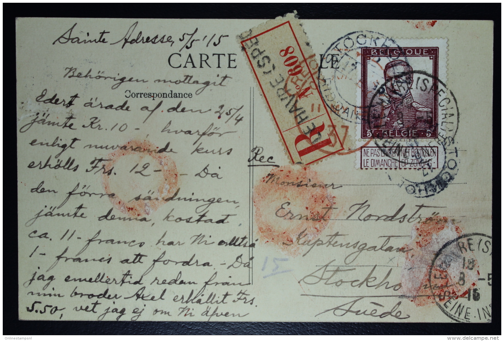 Belgium: Registered Card OBP  122 Le Havre Special To Stockholm Sweden   1915 - 1912 Pellens