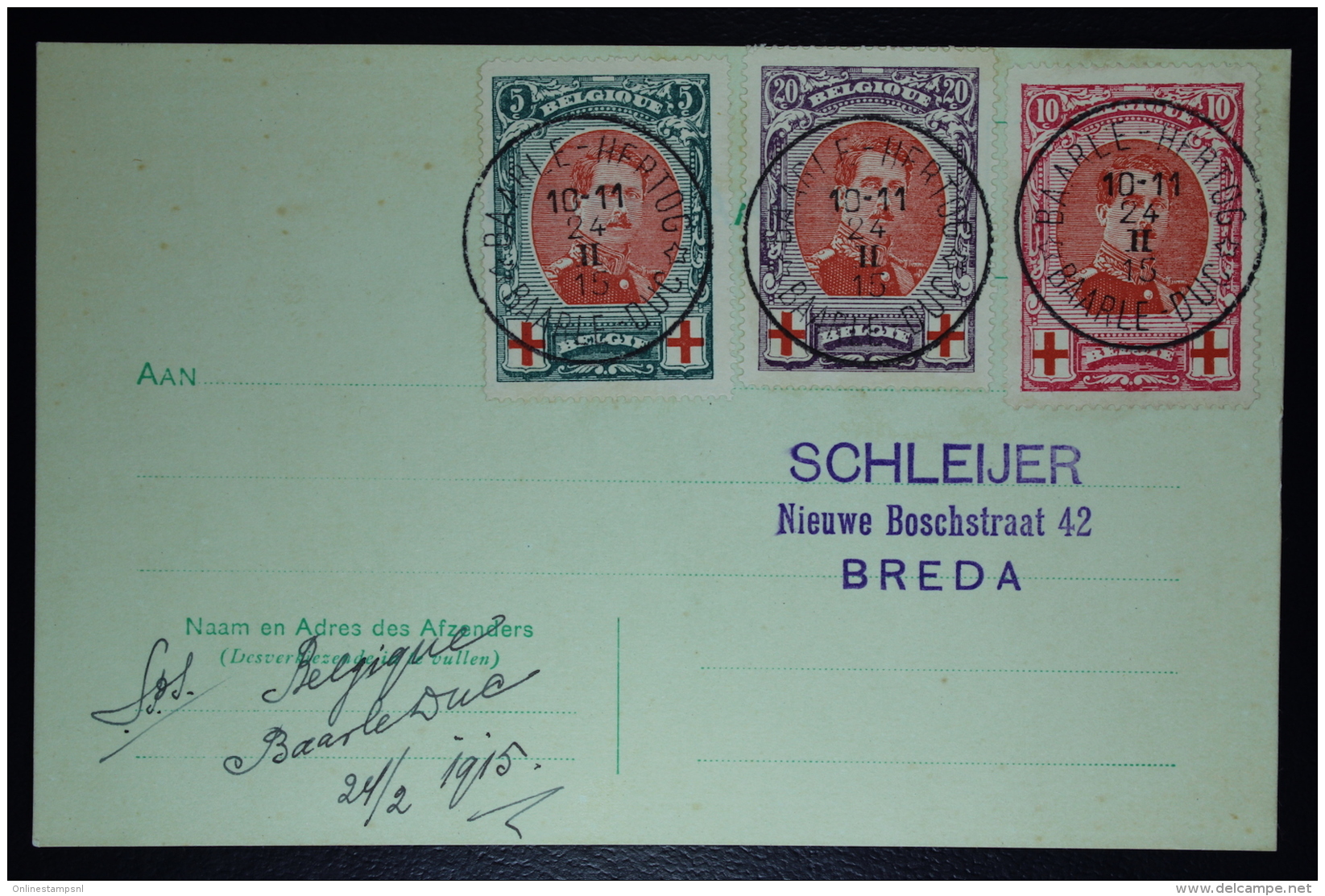 Belgium:  Card OBP  132 - 134 Baarle Hartog To Breda 1915 - 1914-1915 Red Cross