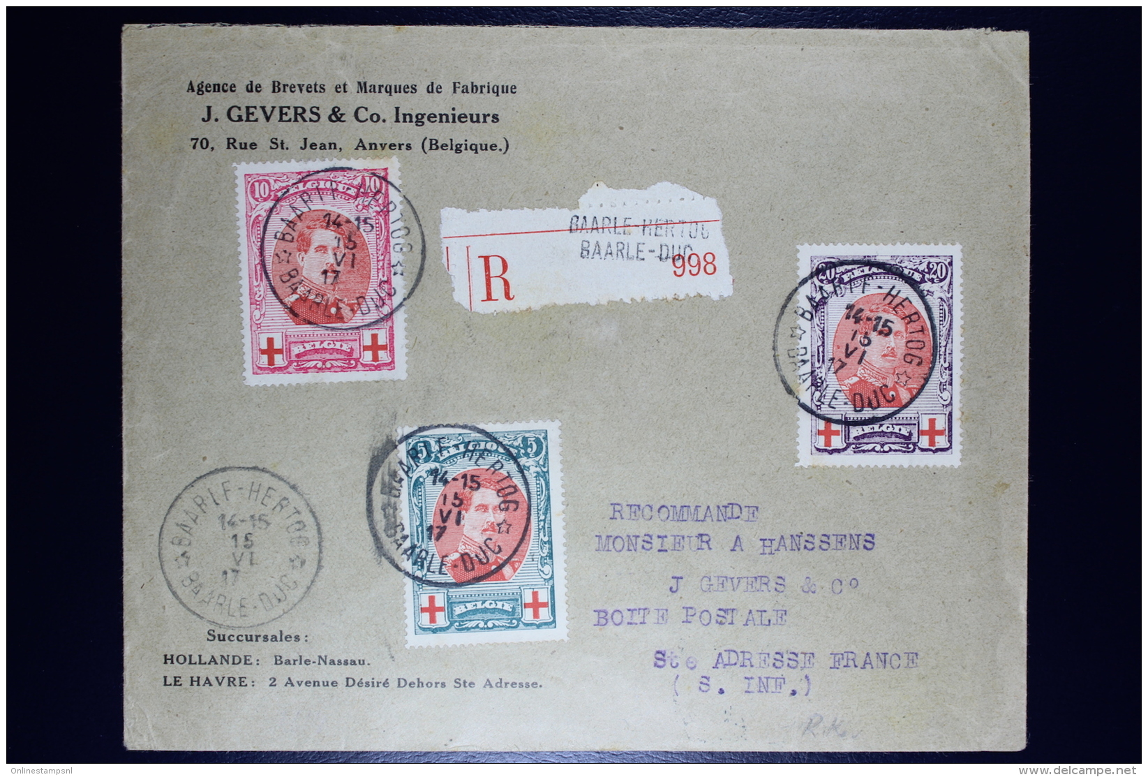 Belgium:  Registered Cover OBP  132 - 134  Baarle Hartog To St. Adresse France 1917 Most Lilely Via The UK. - 1914-1915 Red Cross