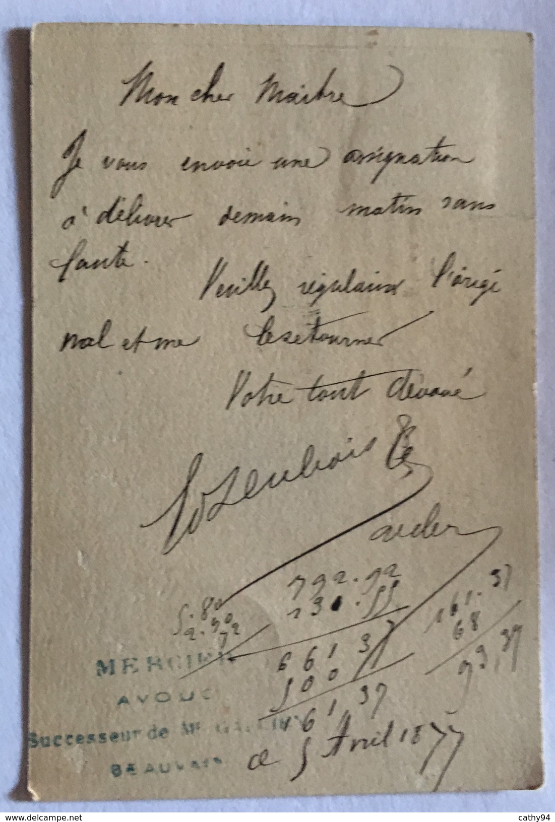 CARTE PRÉCURSEUR De MERCIER AVOUE A BEAUVAIS Pour HUISSIER A MARSEILLE LE PETIT Affranchissement Type Sage 1877 - Vorläufer