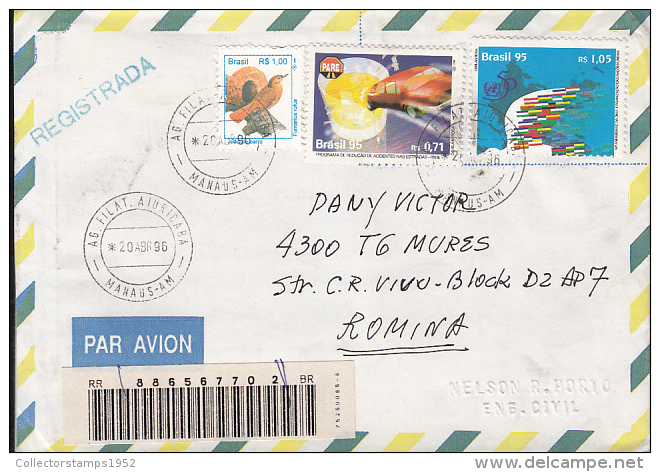 51495- RED OVENBIRD, TRAFFIC SAFETY, UNITED NATIONS, STAMPS ON REGISTERED COVER, 1996, BRAZIL - Covers & Documents
