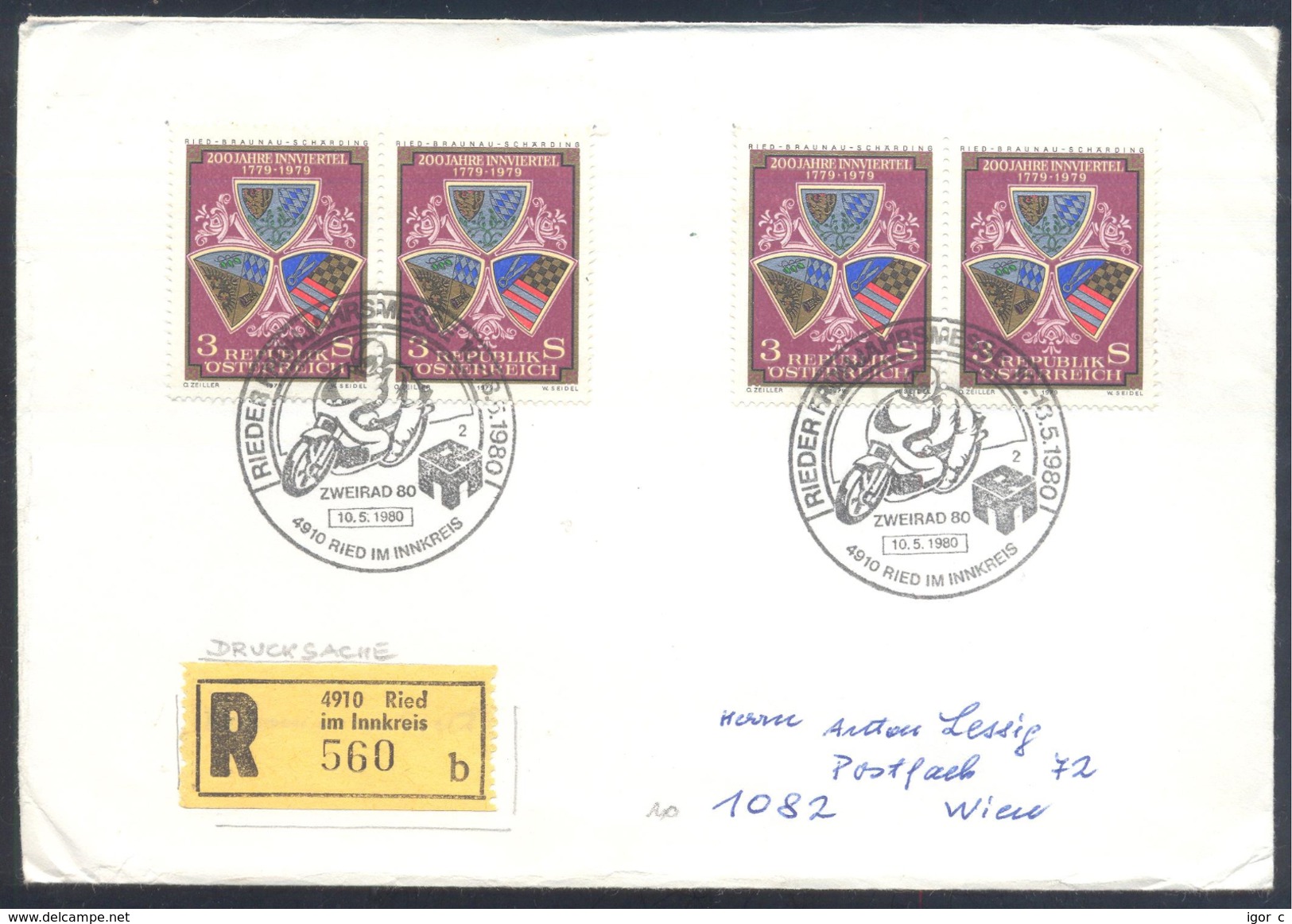 Austria Österreich Registered Cover 1980: Sport Moto Motorrad Zweirad Coat Of Arms - Motorbikes