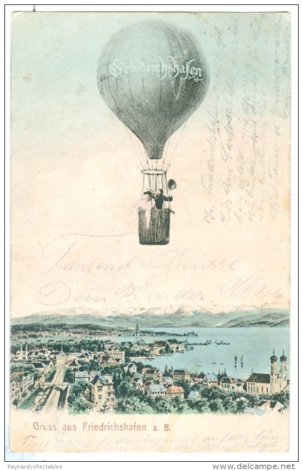 1905 Germany Gruss Aus Friedrichshafen Pc Hot Air Balloon Over Town. Used (Hasenweiler?) To Villingen - Friedrichshafen