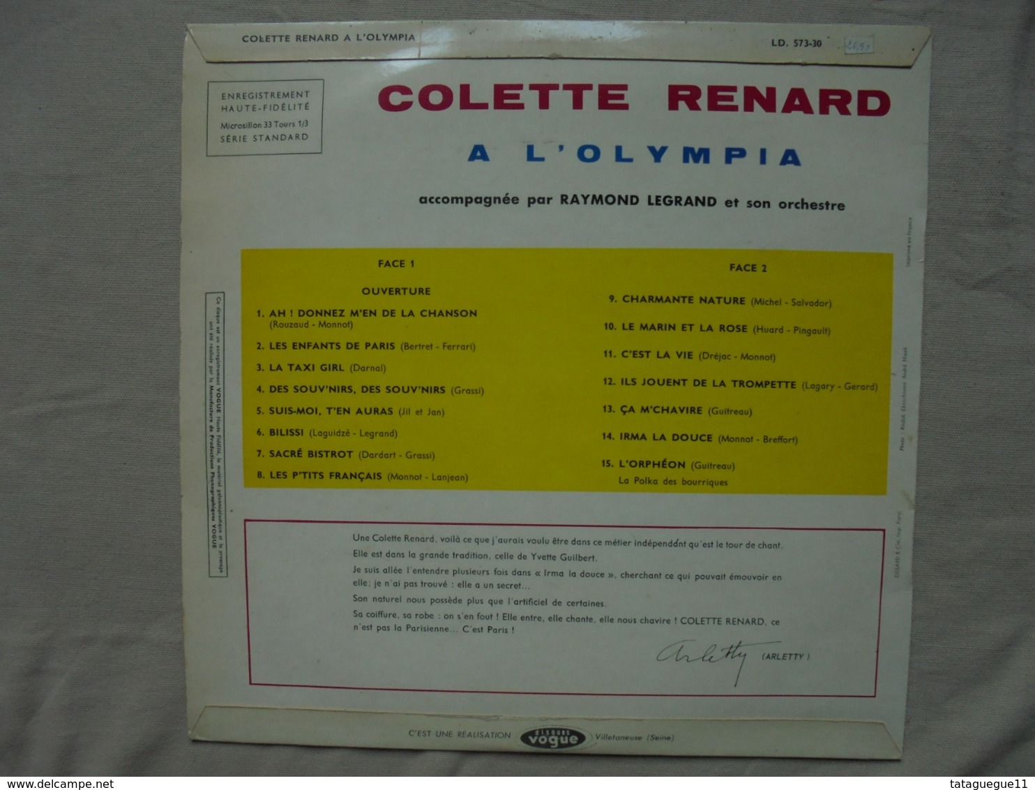 Disque Vinyle 33 T - COLETTE RENARD A L'OLYMPIA Orchestre Raymond LEGRAND - Autres - Musique Française