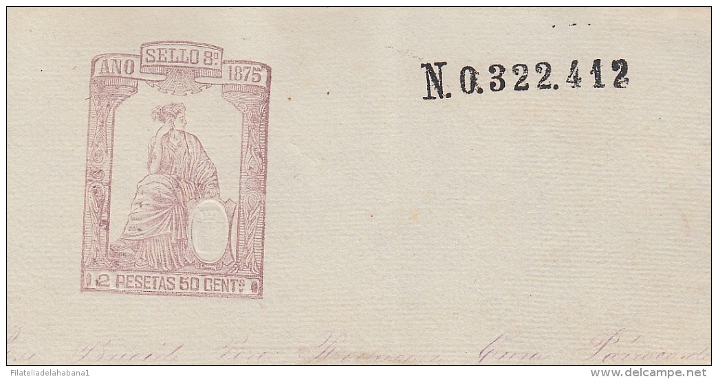 1875-PS-15 CUBA ESPAÑA SPAIN. 1875. ALFONSO XII REVENUE SEALLED PAPER. SELLO 8. - Timbres-taxe