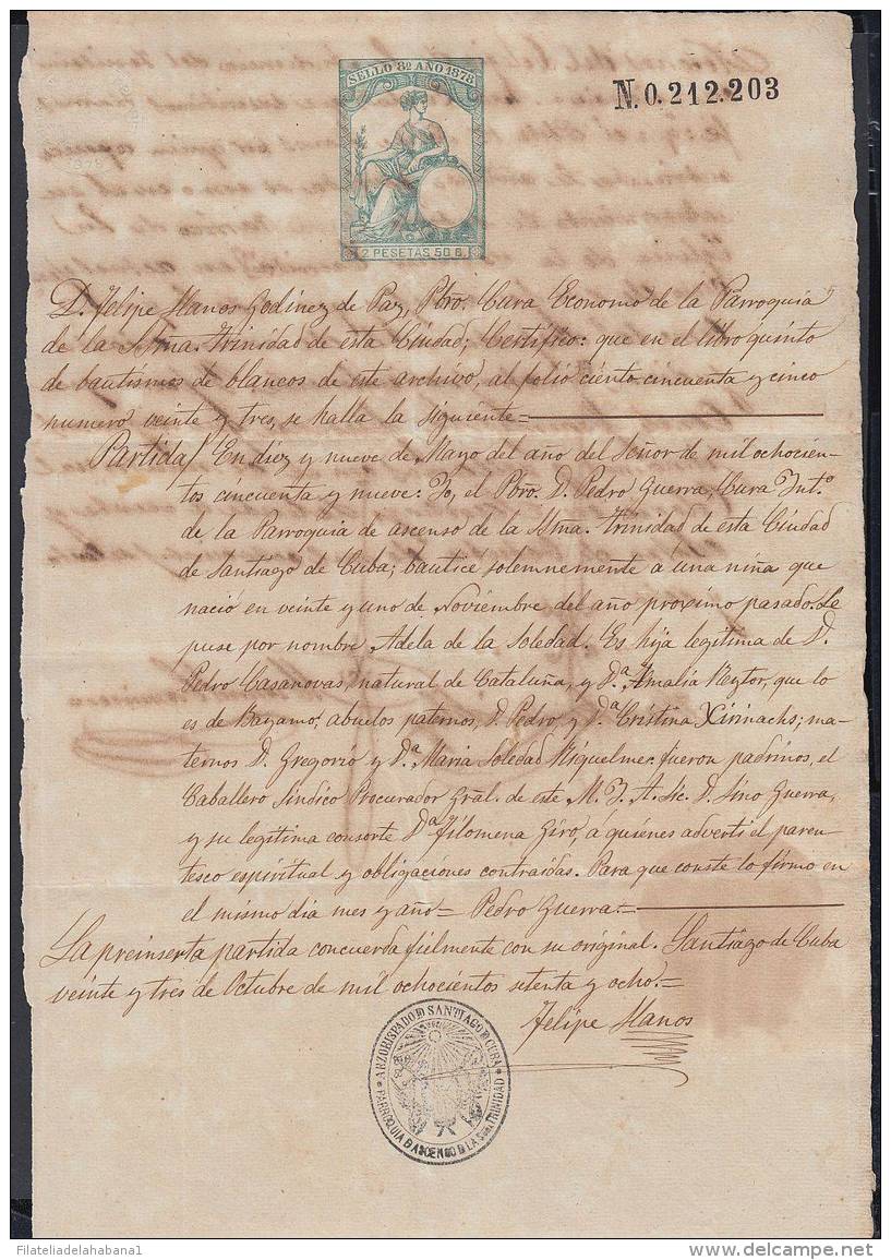 1878-PS-10 CUBA ESPAÑA SPAIN. 1878. ALFONSO XII REVENUE SEALLED PAPER. SELLO 8+ SELLO DE ABOGADOS. - Strafport